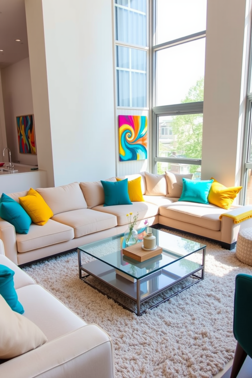 A stylish apartment living room featuring a comfortable sectional sofa in a soft beige fabric. Brightly colored throw pillows in shades of teal and mustard add a pop of color against the neutral backdrop. A sleek coffee table made of glass and metal sits in the center, surrounded by a plush area rug that ties the color scheme together. Large windows allow natural light to flood the space, highlighting artwork with vibrant hues on the walls.