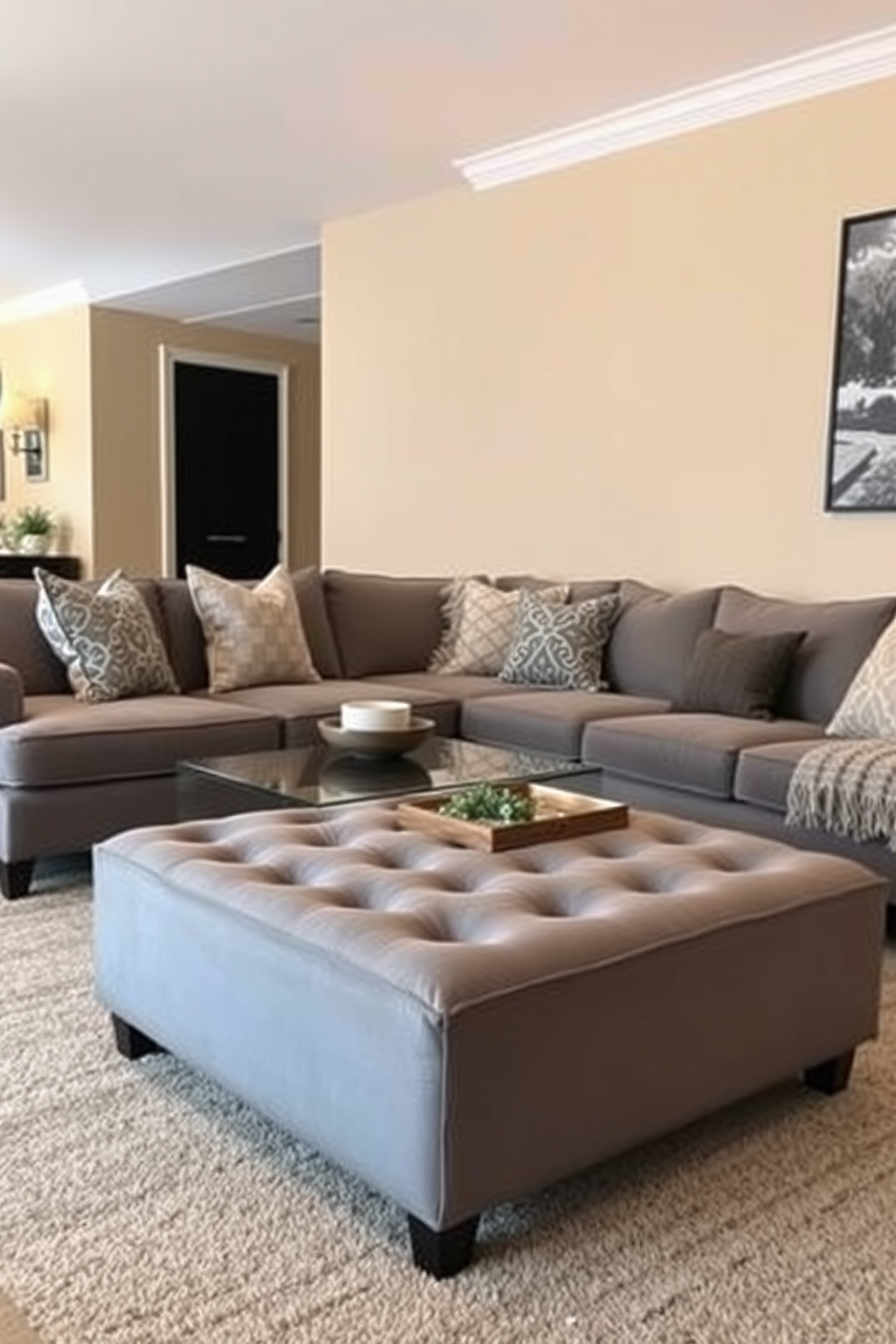 A stylish ottoman serves as a focal point in the apartment living room. The ottoman is upholstered in a soft gray fabric, surrounded by a cozy seating arrangement featuring a plush sectional sofa and a sleek coffee table. The walls are painted in a warm beige tone, creating a welcoming atmosphere. Decorative throw pillows in various textures add a touch of color and comfort to the space.