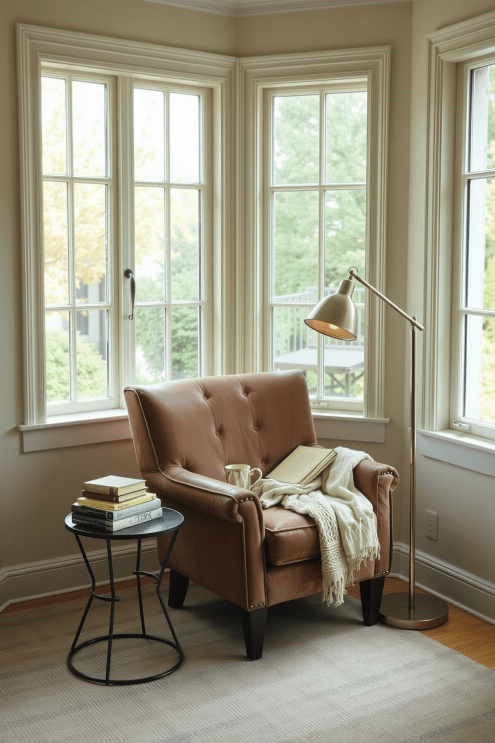 Create a cozy reading nook featuring a plush armchair positioned next to a large window. A small side table holds a stack of books and a warm cup of tea, while a soft throw blanket drapes over the chair. The walls are painted in a soft cream color, enhancing the natural light that floods the space. A stylish floor lamp stands nearby, providing ample illumination for late-night reading.