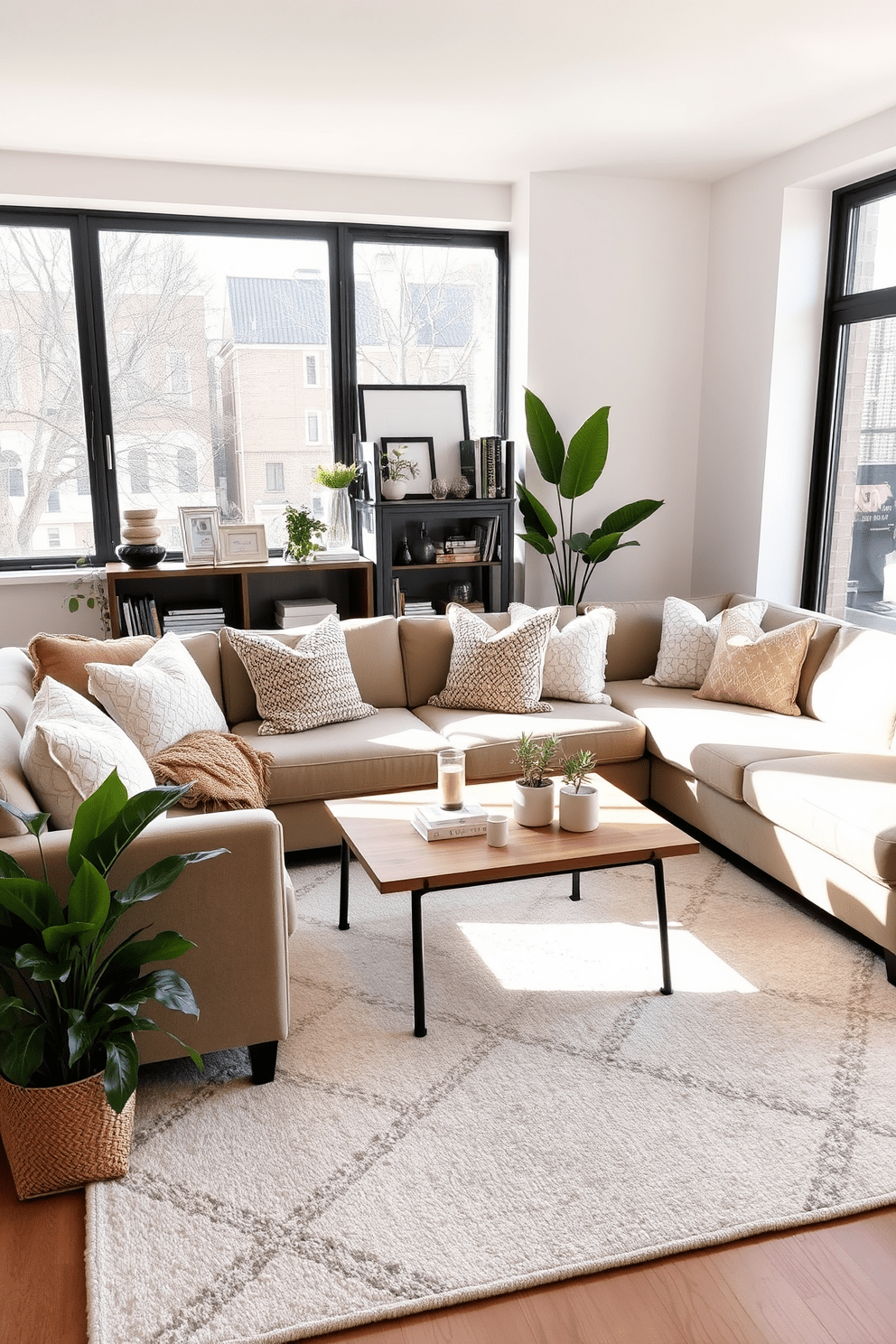 A cozy apartment living room featuring a plush sectional sofa adorned with textured throw pillows in various shades of beige and cream. A soft area rug with a subtle geometric pattern anchors the space, while a wooden coffee table with a natural finish adds warmth and character. Large windows allow natural light to flood the room, enhancing the inviting atmosphere. A stylish bookshelf filled with curated decor and books provides a personal touch, while a few potted plants bring life and color to the design.