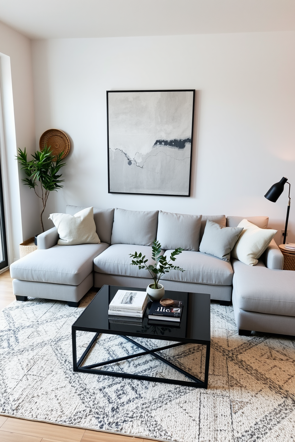 A stylish apartment living room featuring a comfortable sectional sofa in a soft gray fabric. Decorative baskets are artfully placed around the room for hidden storage, adding both functionality and a touch of warmth. The walls are painted in a light neutral tone, complemented by a large abstract painting above the sofa. A cozy area rug anchors the space, while a sleek coffee table sits at the center, adorned with books and a small potted plant.