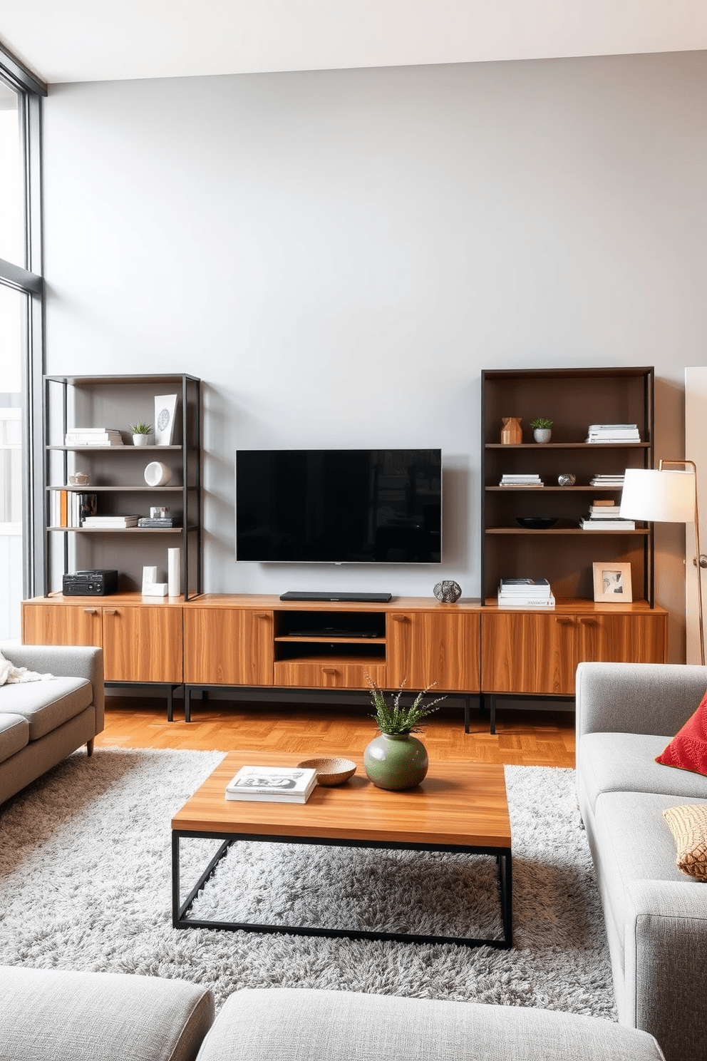 A stylish media console is the focal point of the apartment living room, featuring sleek lines and a warm wood finish. It is flanked by modern shelving units that display curated decor and books, creating a cozy yet sophisticated atmosphere. The walls are painted in a soft gray, enhancing the natural light that floods the space through large windows. A plush area rug anchors the seating arrangement, which includes a comfortable sectional sofa and a pair of accent chairs, inviting relaxation and conversation.