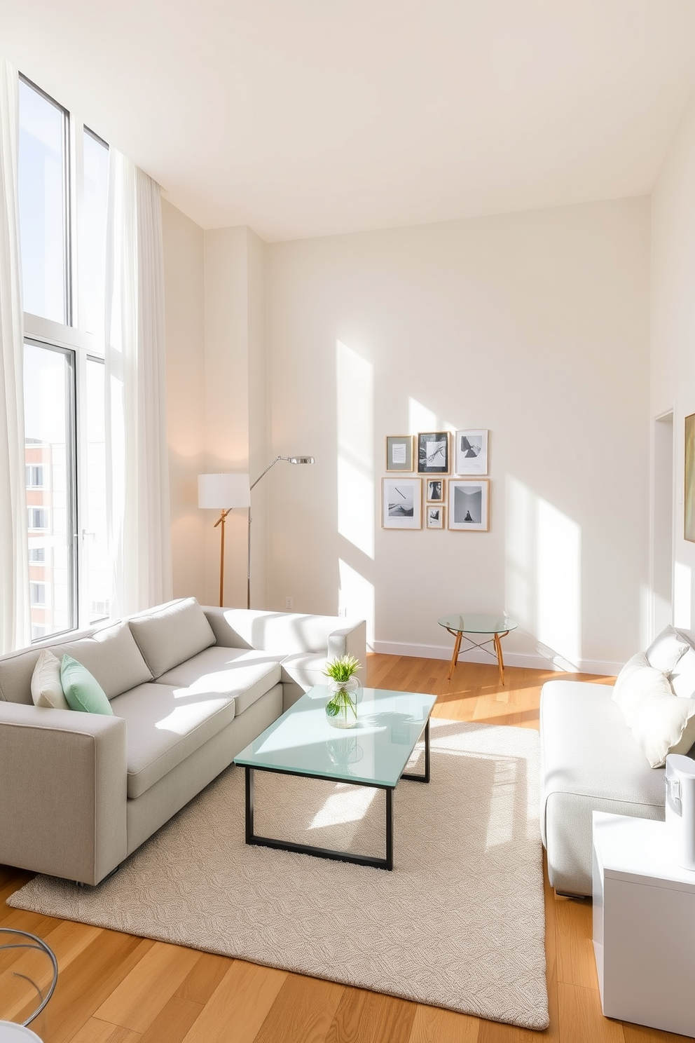 A bright and airy apartment living room features a soft cream wall color that reflects natural light beautifully. The space is furnished with a plush sectional sofa in a light gray fabric, complemented by a sleek glass coffee table at the center. Large windows draped with sheer white curtains allow sunlight to filter in, enhancing the open feel of the room. A modern area rug in subtle geometric patterns adds texture and warmth to the hardwood floor. Accent pillows in pastel hues provide pops of color, while a stylish floor lamp stands in the corner, creating a cozy reading nook. A gallery wall adorned with framed artwork adds personality and charm to the space.