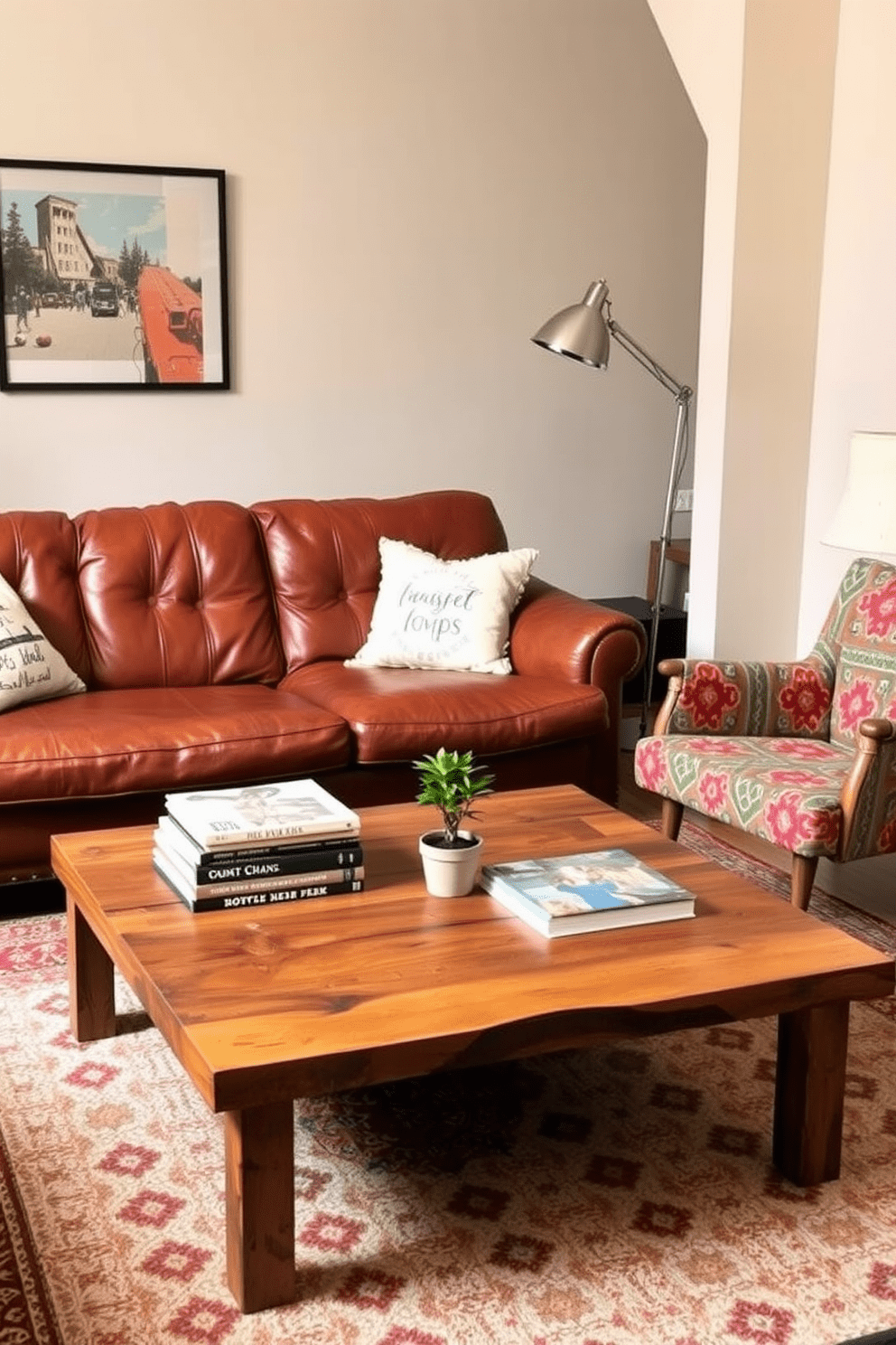 A cozy apartment living room featuring a vintage leather sofa with a rich patina. A reclaimed wood coffee table sits in front, adorned with a stack of art books and a small potted plant. A colorful thrifted armchair adds a pop of personality to the space, positioned beside a mid-century floor lamp. The walls are painted in a soft beige, and a patterned area rug ties the seating area together.