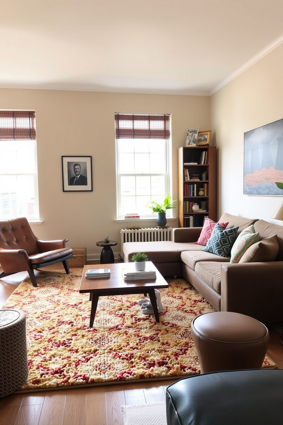 A cozy apartment living room featuring a vintage leather armchair that adds character to the space. The walls are painted in soft beige, and a large window allows natural light to flood in, highlighting a plush area rug in warm tones. A mid-century coffee table sits in front of a comfortable sectional sofa adorned with colorful throw pillows. To the side, a tall bookshelf displays a collection of books and decorative items, creating a personal touch in the room.