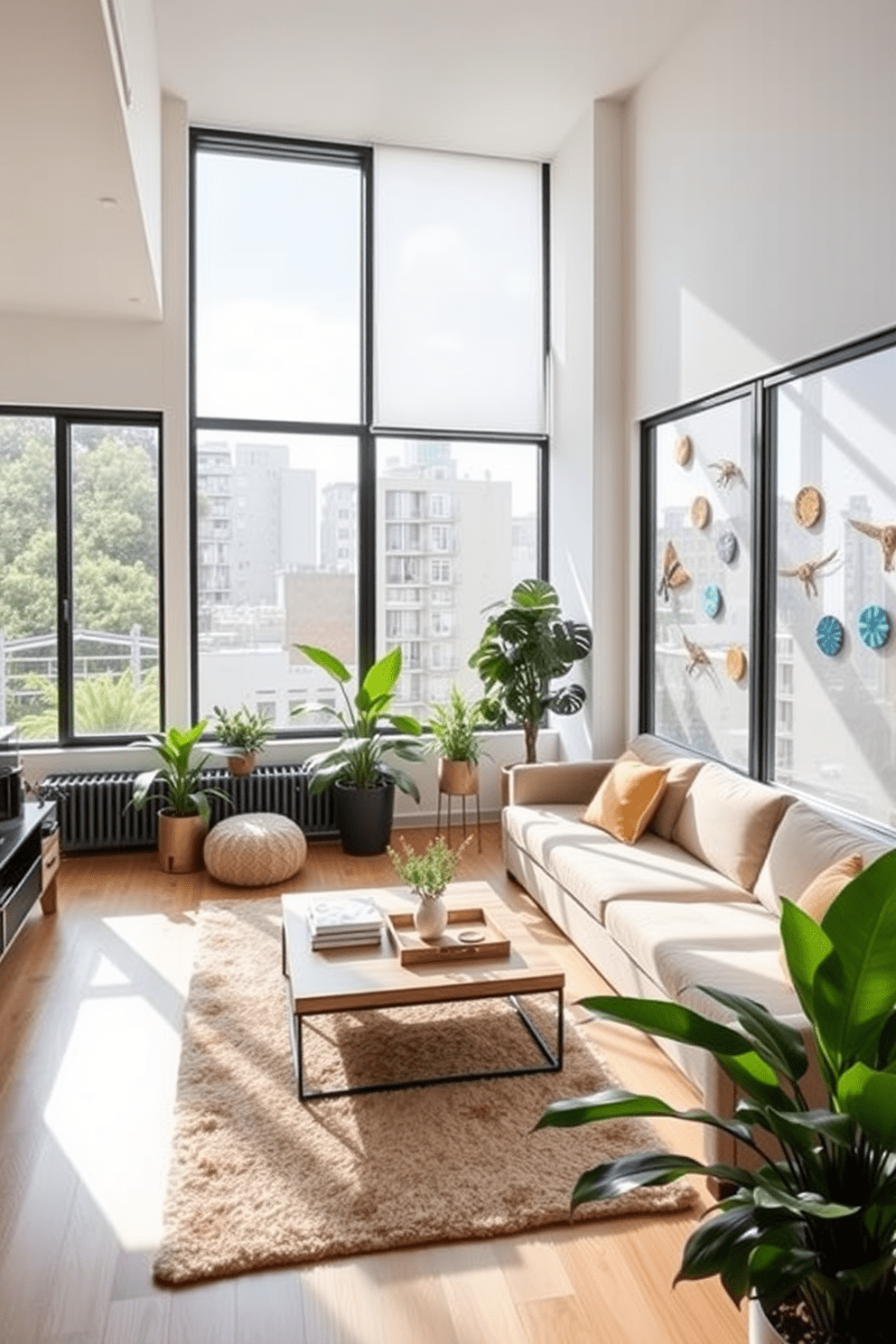 A modern apartment living room featuring large windows that allow natural light to flood the space. The walls are adorned with colorful wall decals that add a playful touch, while a cozy sectional sofa in a neutral tone invites relaxation. In the center of the room, a stylish coffee table holds a few art books and a decorative tray. A soft area rug anchors the seating area, and lush indoor plants bring a sense of freshness to the design.