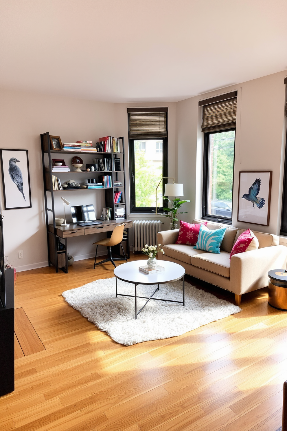 A cozy apartment living room featuring a small, stylish desk in the corner for workspace efficiency. The desk is paired with a comfortable chair and surrounded by shelves filled with books and decorative items. The seating area includes a plush sofa with colorful throw pillows and a chic coffee table in the center. Large windows allow natural light to fill the room, highlighting the warm tones of the wooden floor and soft area rug.