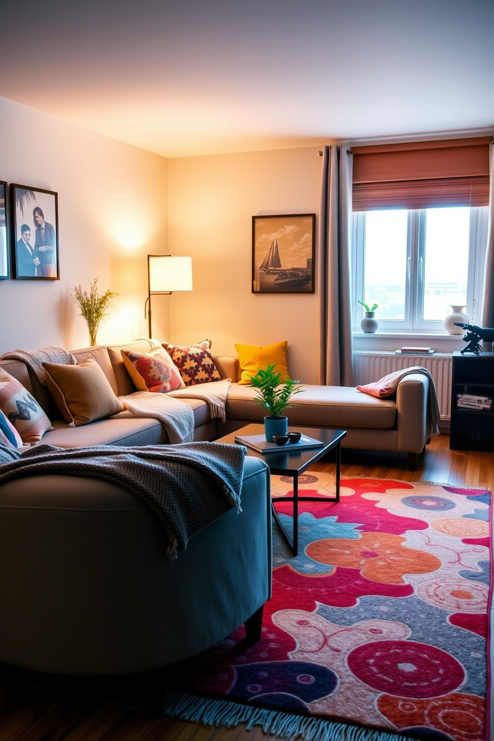 A cozy apartment living room featuring a plush sofa adorned with a soft throw blanket and colorful pillows. The space is illuminated by warm lighting, with a stylish coffee table at the center and a vibrant area rug underfoot.