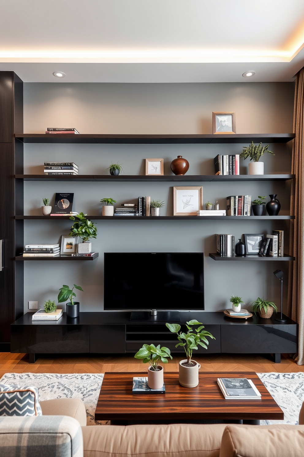 A modern apartment living room featuring floating shelves elegantly arranged on the walls. The shelves display a curated selection of books, plants, and decorative objects, creating a stylish focal point in the space.