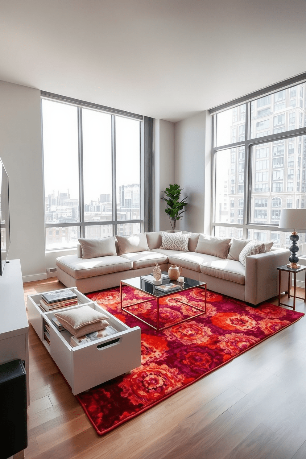 A stylish apartment living room features a modern sectional sofa in a neutral tone positioned against a feature wall. Under the sofa, sleek storage drawers blend seamlessly with the flooring, providing practical space for books and blankets. The room is adorned with a vibrant area rug that adds warmth and texture. Large windows allow natural light to flood in, highlighting a chic coffee table and decorative accents throughout the space.