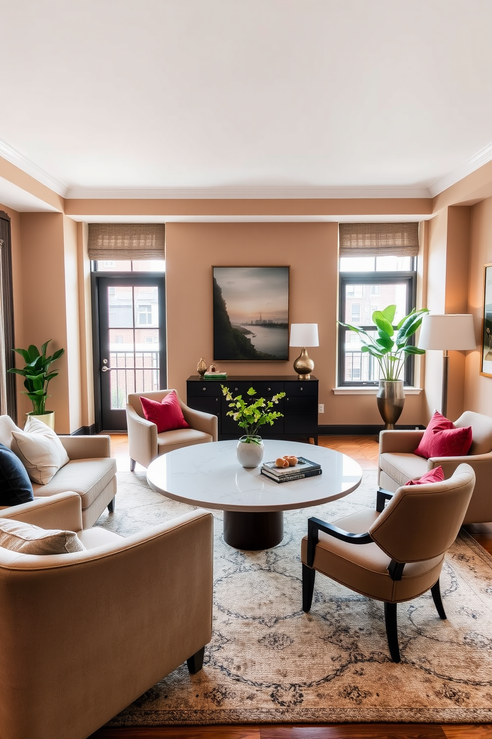 A stylish apartment living room features a round table at the center, promoting better flow and conversation. Surrounding the table are plush chairs upholstered in soft fabrics, creating a cozy and inviting atmosphere. The walls are painted in a warm neutral tone, complemented by artwork that adds character to the space. A large area rug anchors the seating arrangement, while large windows allow natural light to flood the room.