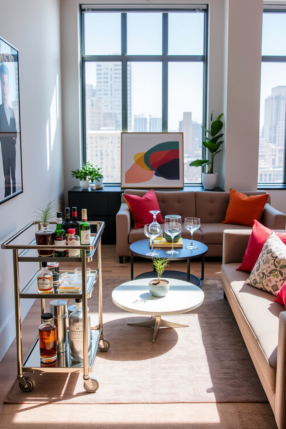 A stylish apartment living room features a sleek bar cart positioned near a cozy seating area. The cart is adorned with an assortment of premium spirits, elegant glassware, and a small potted plant for a touch of greenery. The room is designed with a modern aesthetic, showcasing a plush sofa in a neutral tone complemented by vibrant throw pillows. Large windows allow natural light to flood the space, highlighting the contemporary artwork on the walls and the chic coffee table in the center.