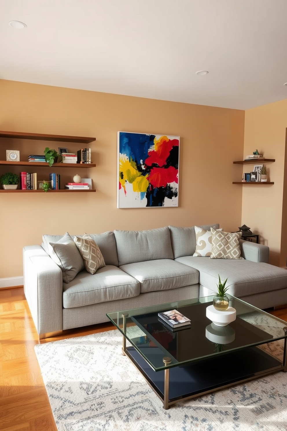 A stylish apartment living room features a large sectional sofa in a soft grey fabric positioned around a sleek glass coffee table. A vibrant piece of abstract artwork hangs above the sofa, adding a pop of color and serving as a focal point for the room. The walls are painted in a warm beige tone, creating a cozy atmosphere that complements the rich wooden flooring. Decorative shelves display curated books and plants, enhancing the room's personality while maintaining an inviting feel.