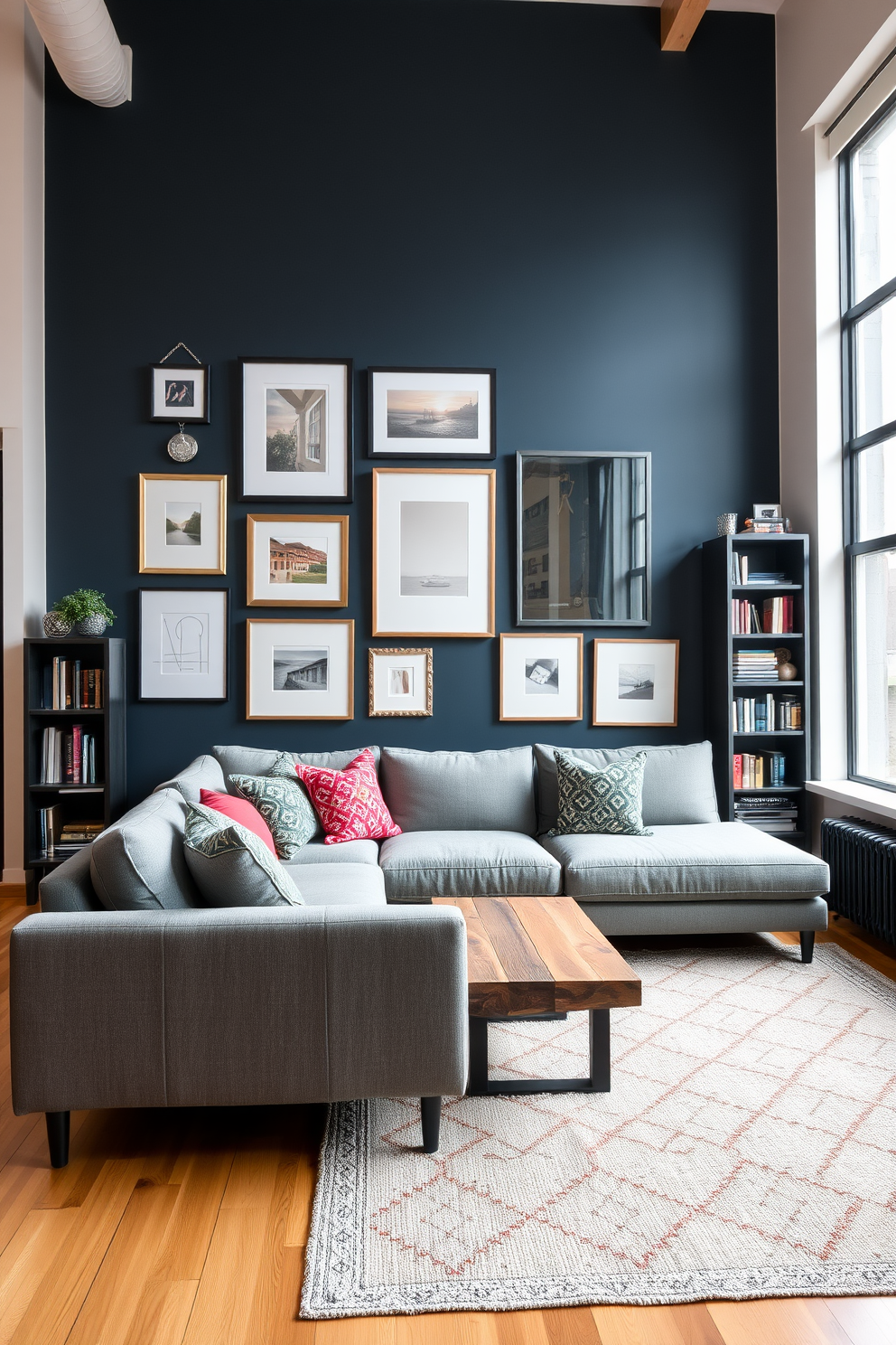 A stylish apartment living room that combines comfort and elegance. The space features a plush sectional sofa in a soft gray fabric paired with a minimalist coffee table made of reclaimed wood. Large windows allow natural light to flood the room, highlighting an accent wall painted in a deep navy blue. A collection of framed artworks in varying sizes adorns the wall, adding a personal touch to the decor. A cozy area rug with a geometric pattern anchors the seating arrangement, while decorative throw pillows in vibrant colors provide pops of interest. A tall bookshelf filled with books and decorative items adds character and warmth to the space.