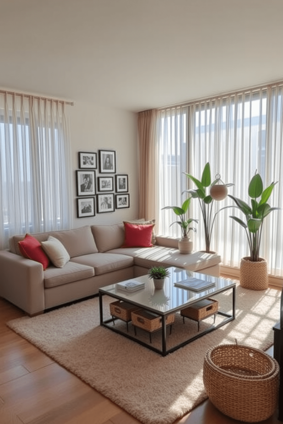 A stylish apartment living room featuring decorative baskets for organization. The space includes a cozy sectional sofa adorned with colorful throw pillows, a sleek coffee table, and a soft area rug that ties the room together. Natural light floods in from large windows dressed with sheer curtains, creating an inviting atmosphere. A gallery wall showcases framed artwork and photographs, while plants in decorative baskets add a touch of greenery and warmth.