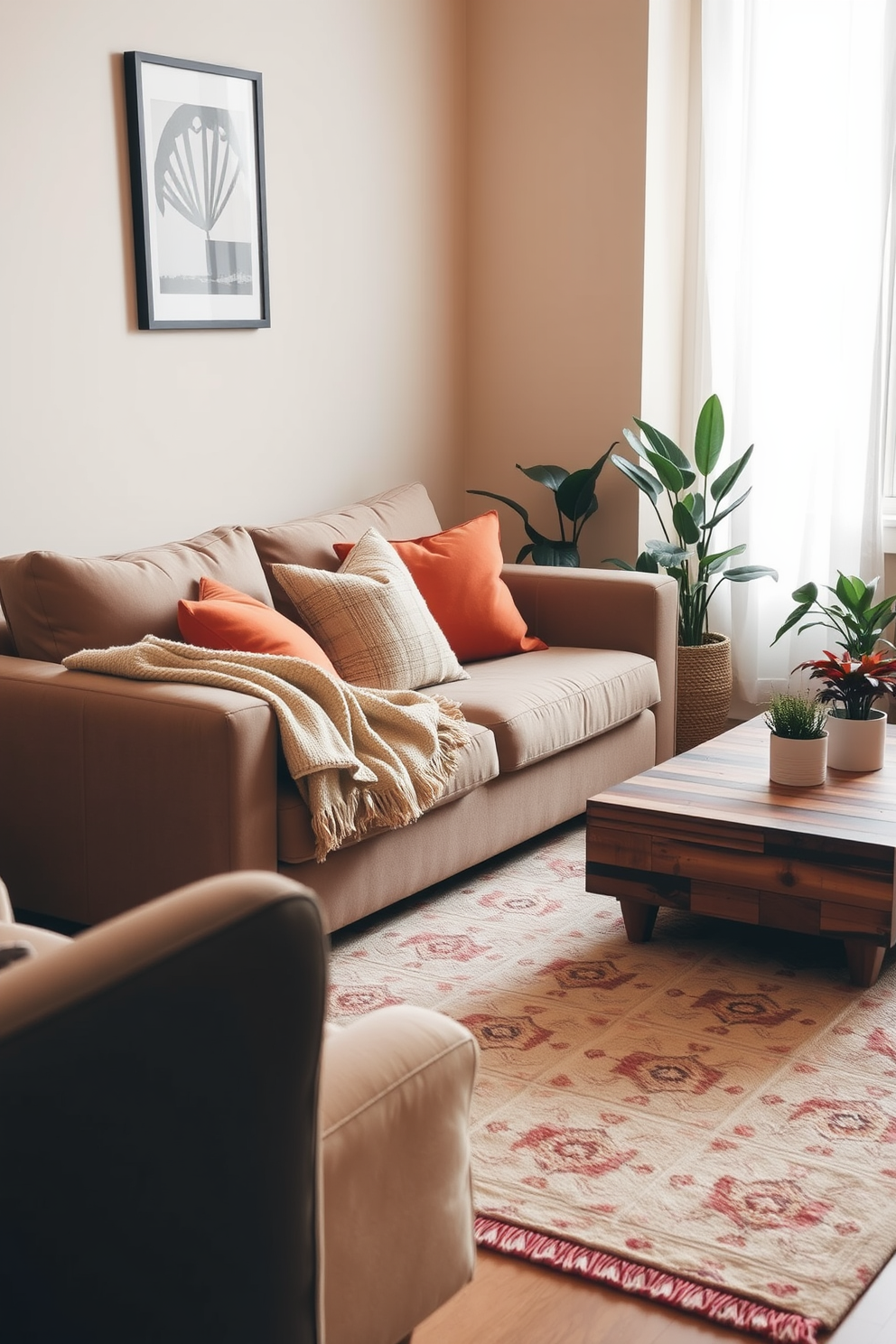 A warm and inviting apartment living room features a plush sofa adorned with colorful throw pillows. A cozy blanket is draped over the armrest, inviting relaxation in the softly lit space. The walls are painted in a light beige tone, complemented by a stylish coffee table made of reclaimed wood. A large area rug anchors the seating arrangement, while a few potted plants add a touch of greenery to the room.