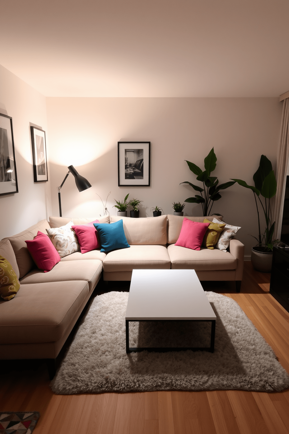 A stylish apartment living room featuring a plush sectional sofa in a neutral tone, accented by colorful throw pillows. A sleek coffee table sits in front of the sofa, accompanied by a soft area rug that adds warmth to the space. In one corner, a modern floor lamp provides ambient lighting, enhancing the cozy atmosphere. The walls are adorned with framed artwork, and a few potted plants add a touch of greenery to the design.