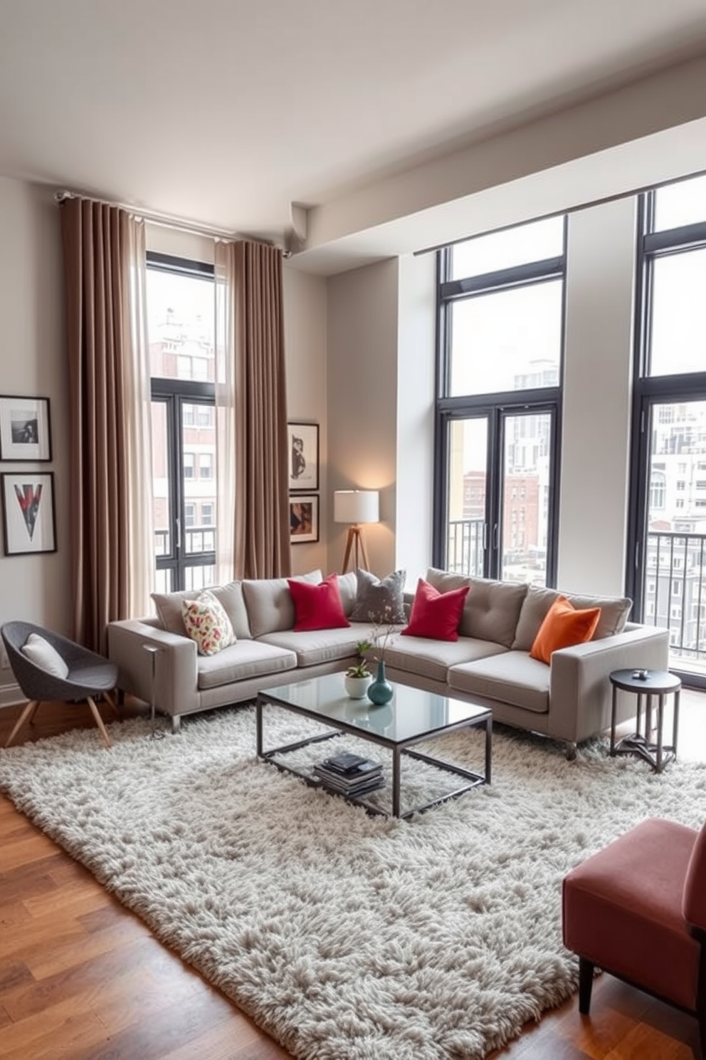 A stylish apartment living room featuring a plush statement rug that adds warmth and texture to the space. The seating arrangement includes a modern sectional sofa in a neutral tone paired with vibrant accent pillows, complemented by a sleek coffee table at the center. Large windows allow natural light to flood the room, highlighting the elegant drapes that frame them. A gallery wall showcasing framed artwork adds a personal touch, while a cozy reading nook in the corner invites relaxation with a comfortable armchair and a small side table.