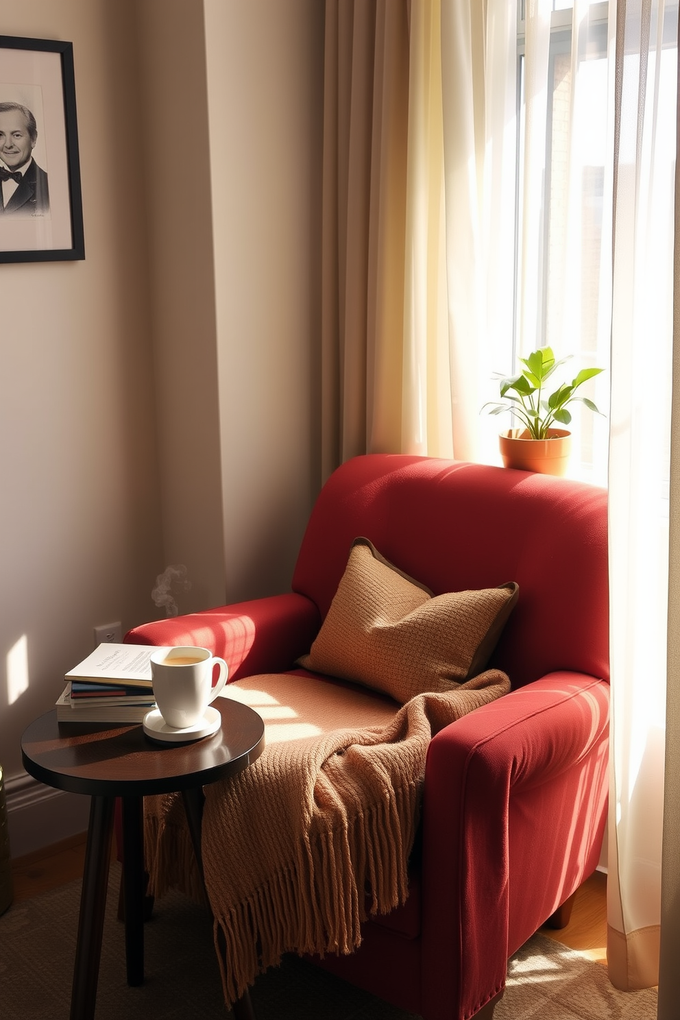 Create a cozy reading nook by the window with a plush armchair upholstered in soft fabric. A small side table holds a steaming cup of tea and a stack of books, while a warm throw blanket drapes over the armchair. Natural light streams in through sheer curtains, illuminating the space with a gentle glow. A potted plant sits on the windowsill, adding a touch of greenery to the inviting atmosphere.