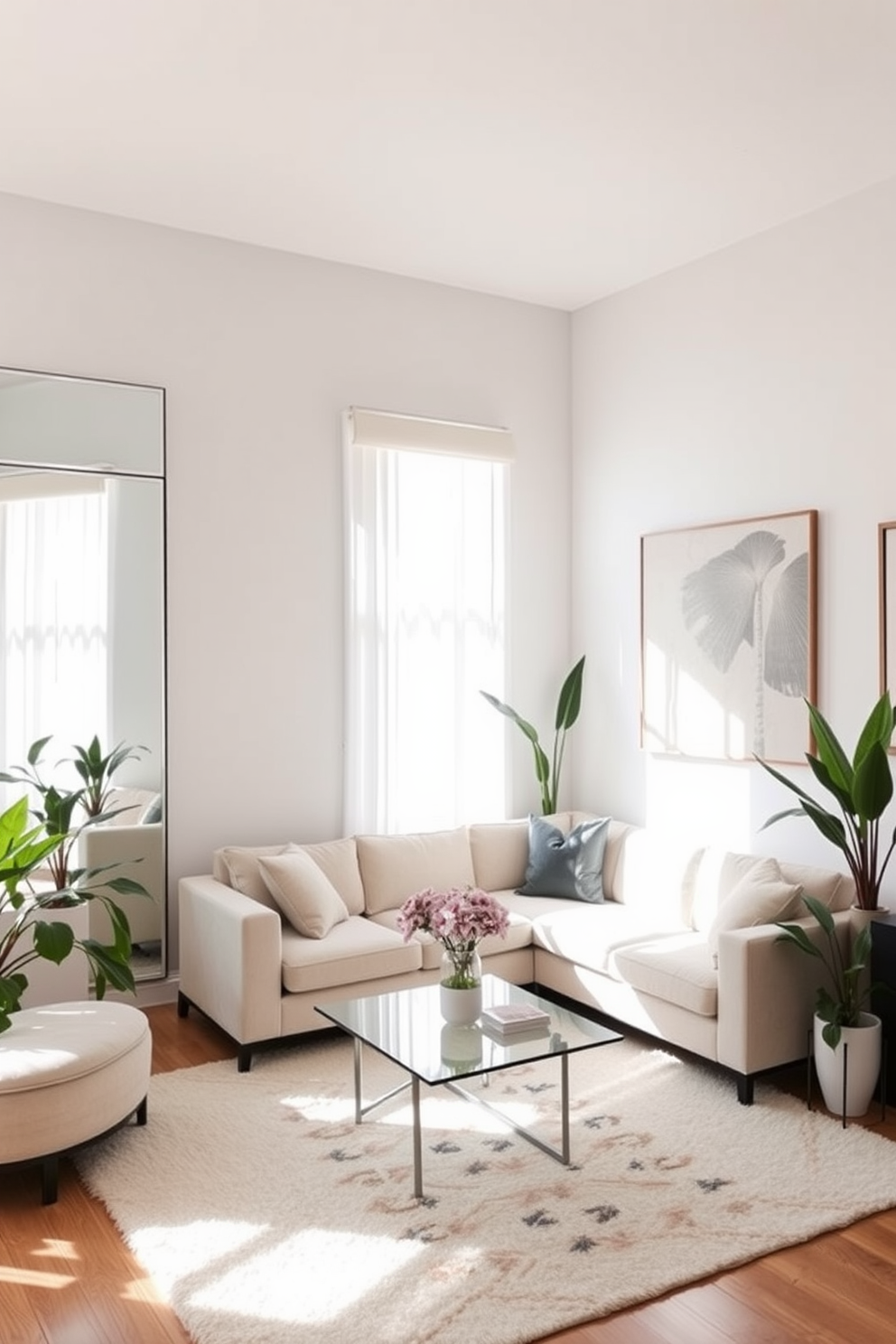 Create a bright and airy apartment living room that utilizes large mirrors to reflect natural light. The space features a plush sectional sofa in a light fabric, complemented by a glass coffee table and a soft area rug. On the walls, oversized mirrors are strategically placed to amplify the sunlight streaming in from the windows. The room is adorned with potted plants and modern art pieces, adding a touch of vibrancy and style.