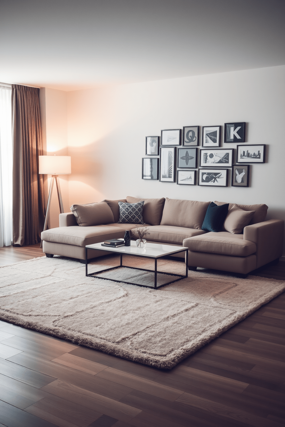 A stylish apartment living room features a large area rug that defines the seating area, creating a cozy atmosphere. The rug is complemented by a plush sectional sofa and a sleek coffee table, enhancing the overall aesthetic of the space. Soft ambient lighting is provided by a modern floor lamp, while decorative throw pillows add a pop of color to the neutral-toned sofa. A gallery wall with framed art pieces serves as a focal point, showcasing personal style and creativity.