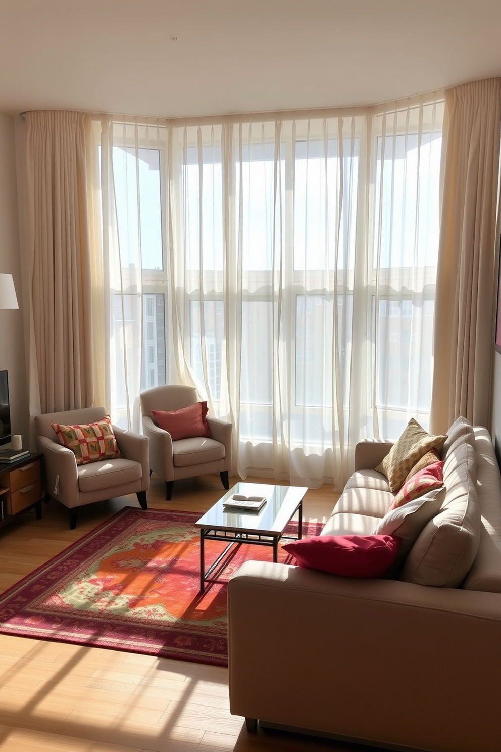 A bright and inviting apartment living room features light curtains that flutter gently in the breeze, creating an airy atmosphere. The space is filled with a plush, neutral-colored sofa adorned with colorful throw pillows, complemented by a stylish coffee table at the center. Soft, natural light streams in through the large windows, illuminating a cozy reading nook with a comfortable armchair and a small bookshelf. A vibrant area rug anchors the seating arrangement, adding warmth and texture to the room.