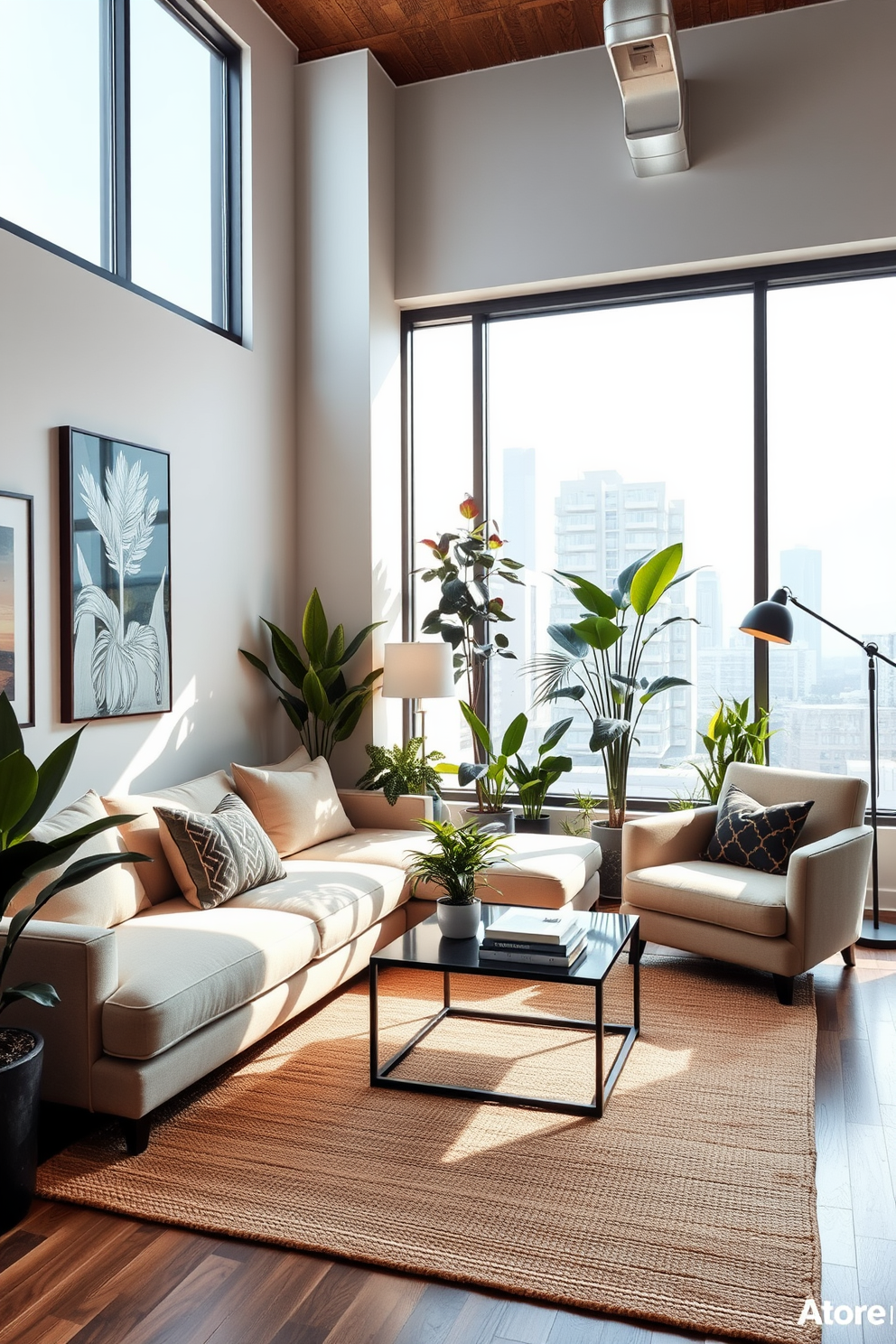 A stylish apartment living room featuring a plush sectional sofa in a neutral tone paired with a textured area rug. Large windows allow natural light to flood the space, highlighting a collection of vibrant indoor plants placed strategically around the room. The walls are adorned with modern artwork, and a sleek coffee table sits at the center, topped with decorative books and a small plant. A cozy reading nook is created with a comfortable armchair and a floor lamp, adding warmth and character to the design.