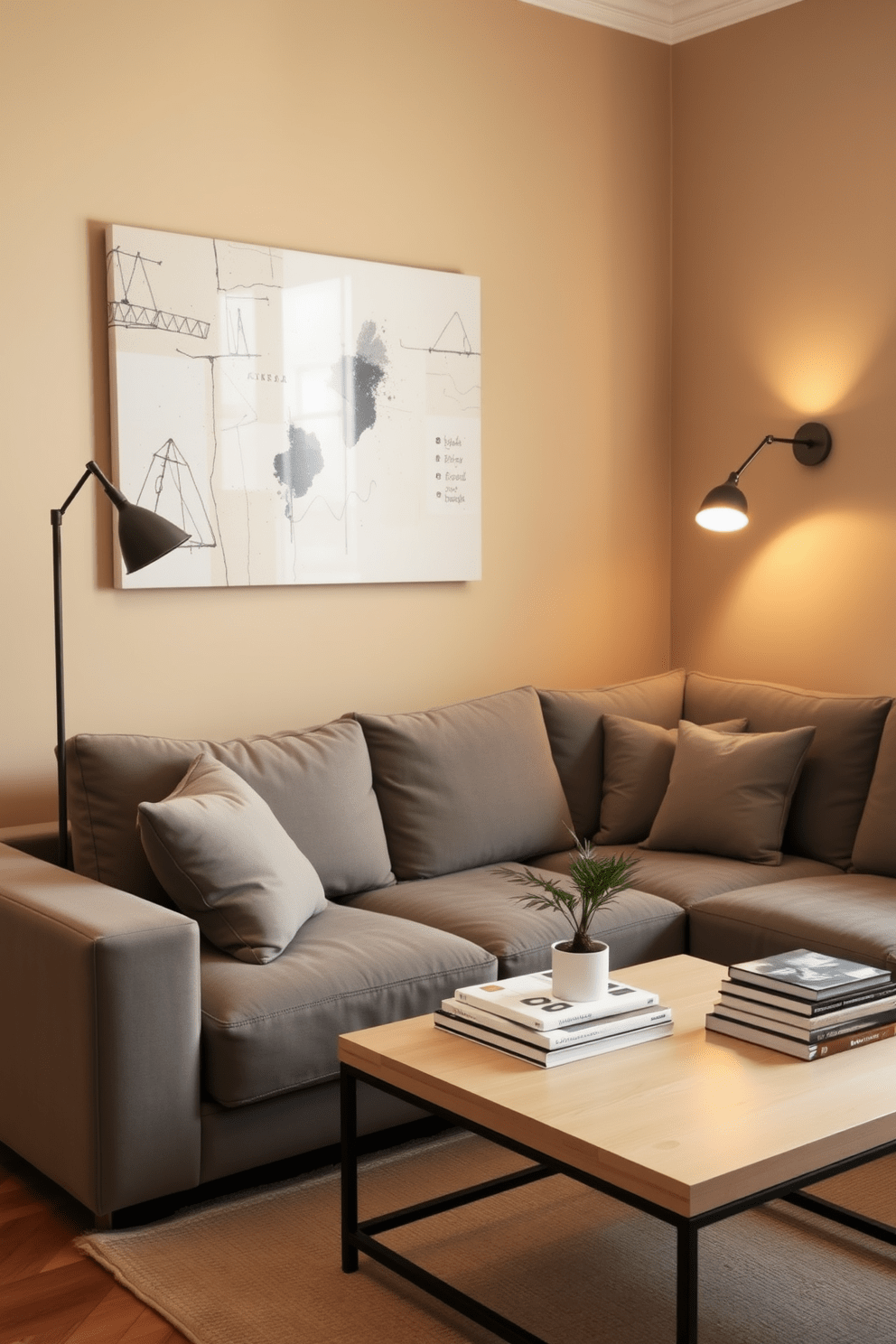 A cozy apartment living room featuring a plush sectional sofa in a soft gray fabric. The walls are painted in a warm beige tone, complemented by a large abstract painting above the sofa. In the corner, a stylish floor lamp provides additional lighting, while wall-mounted sconces frame the space with a warm glow. A light wooden coffee table sits in front of the sofa, adorned with a stack of design books and a small potted plant.