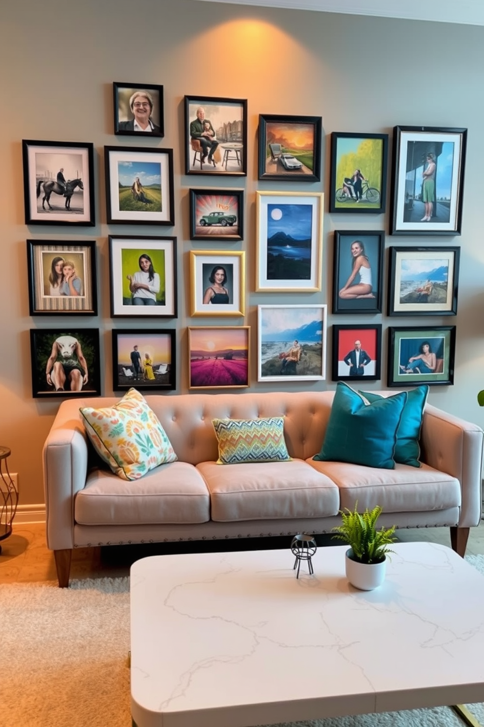 Create a gallery wall that showcases a collection of personal art pieces, mixing framed photographs and original paintings. The wall is painted in a soft gray to allow the colors of the artwork to pop, complemented by warm lighting that highlights each piece. Incorporate a cozy seating area with a plush sofa in a neutral tone, adorned with colorful throw pillows that echo the artwork. A stylish coffee table with a unique design sits in front of the sofa, surrounded by a few small plants for a touch of greenery.