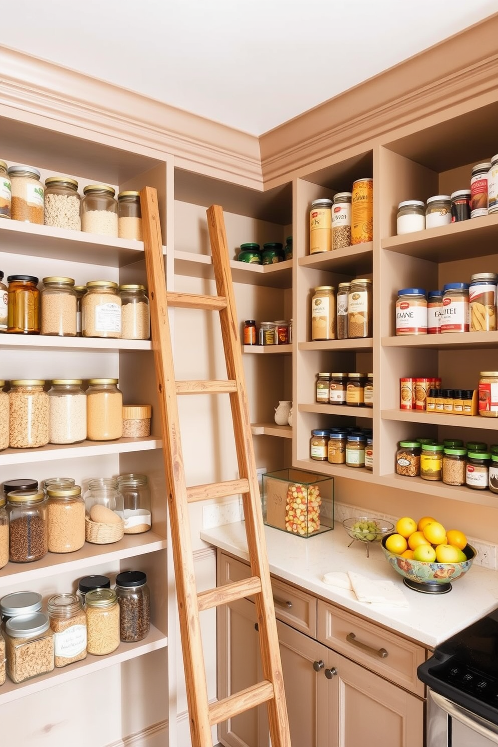 Open shelving units line the walls of the pantry, showcasing neatly arranged jars of grains, spices, and canned goods for easy access. A rustic wooden ladder leans against one shelf, adding charm and functionality to the space. The pantry features a warm color palette with soft beige walls and natural wood accents. A small countertop area is included for meal prep, adorned with a decorative bowl of fresh fruits.