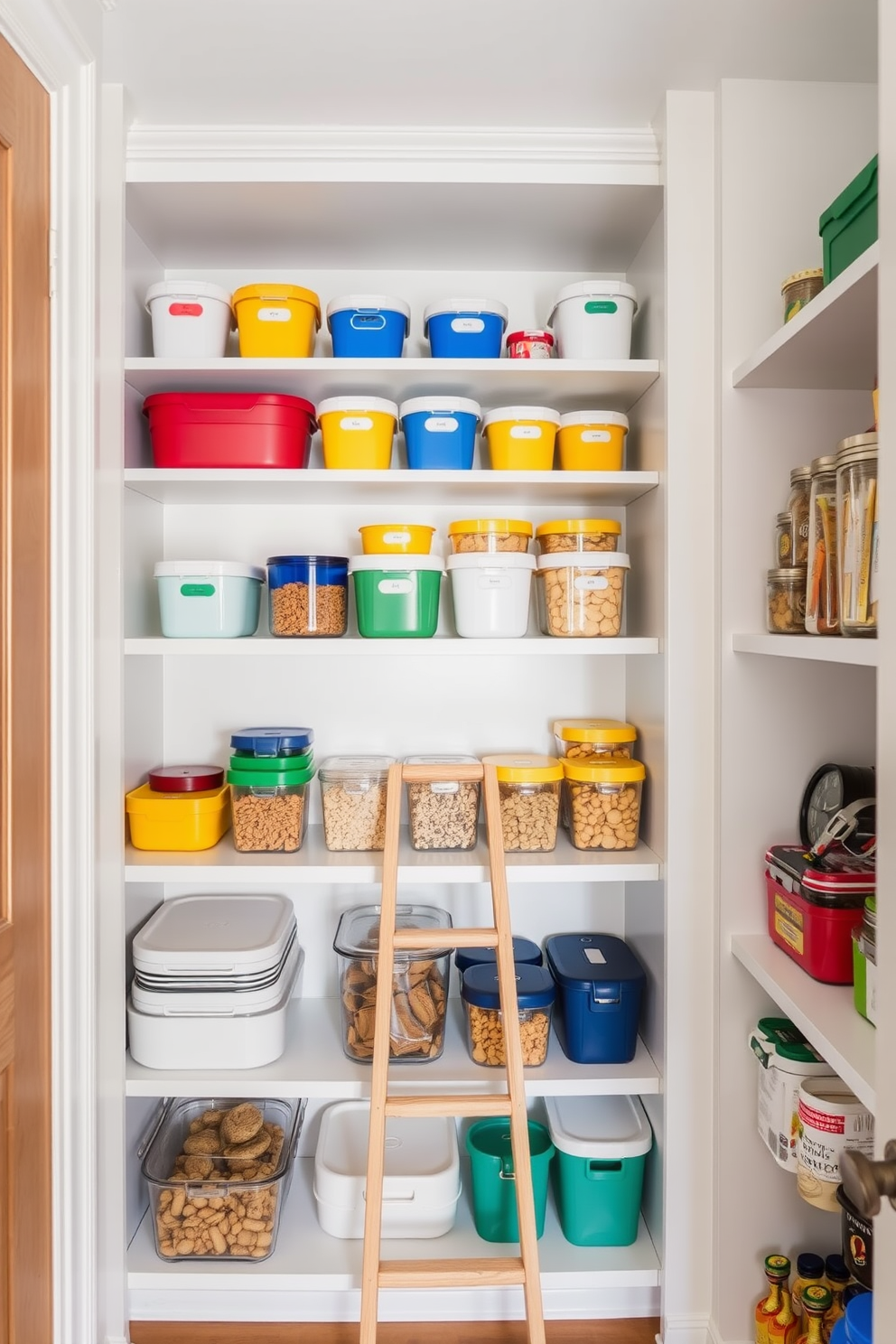 A stylish apartment pantry featuring color-coded storage containers arranged neatly on open shelves. The walls are painted in a soft white, creating a bright and airy feel, while a small wooden ladder leans against the shelves for easy access to higher items.