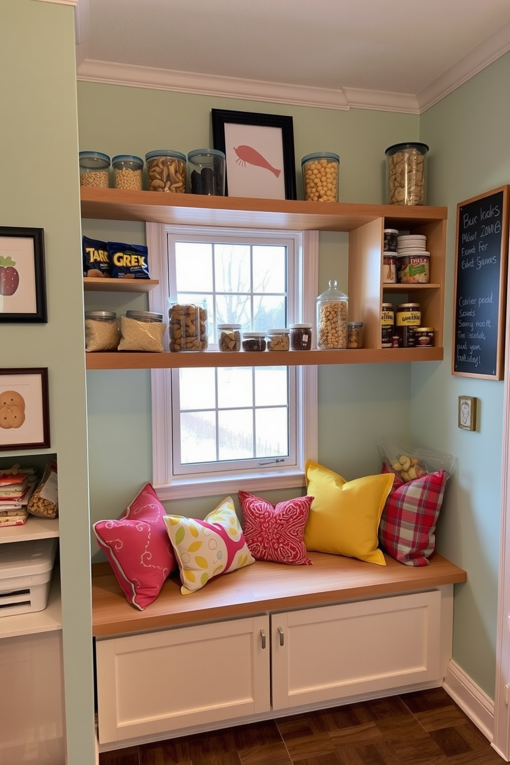 A designated snack zone features open shelving filled with a variety of snacks in clear containers for easy access. A cozy bench with colorful cushions sits beneath a window, creating a perfect spot for enjoying treats. The walls are painted in a cheerful pastel color, complementing the natural wood shelves. Decorative elements like framed food art and a chalkboard for notes add a playful touch to the space.