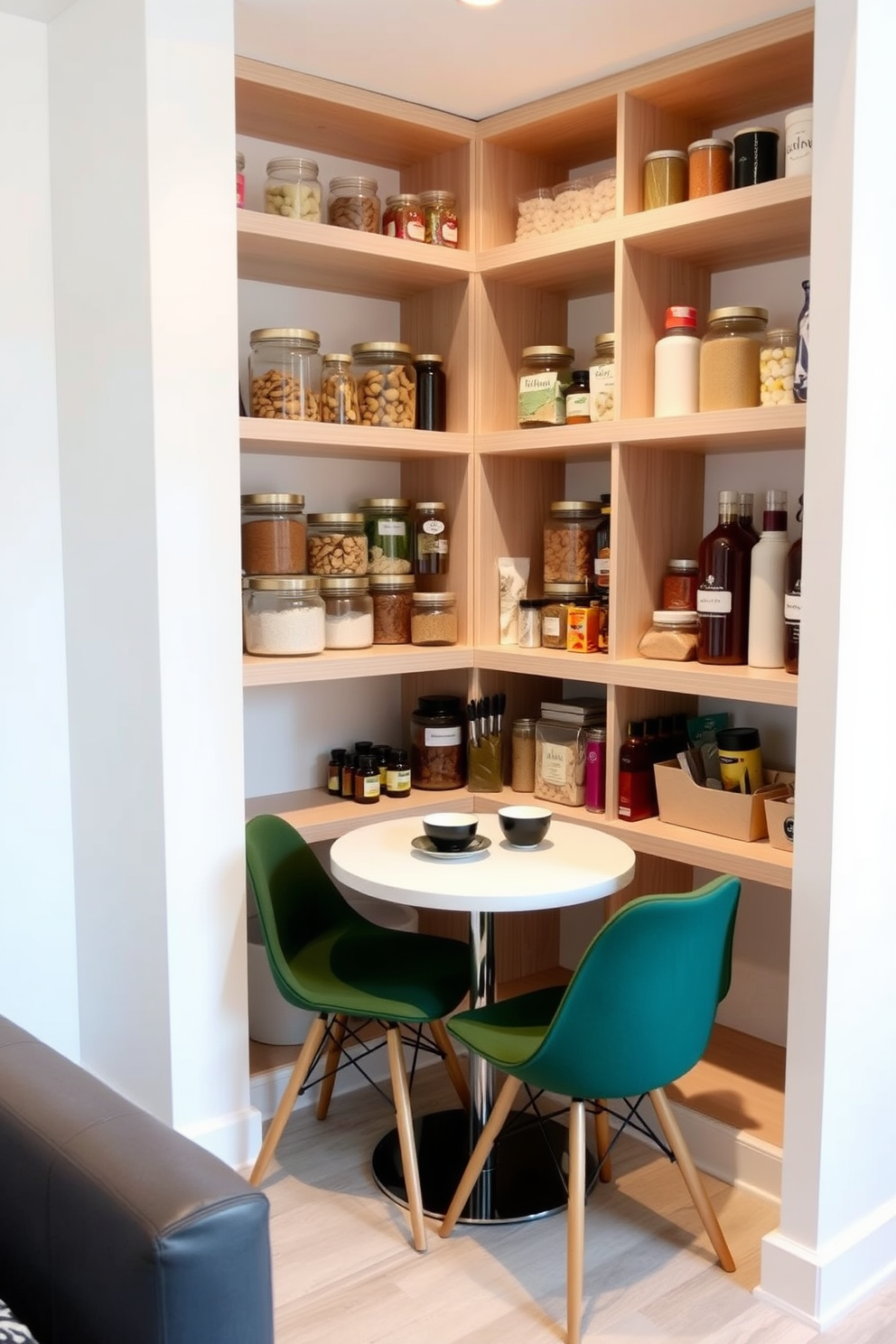 A stylish apartment pantry featuring corner shelves designed to maximize space. The shelves are made of light wood and neatly organized with clear containers and labeled jars for easy access. The walls are painted in a soft white hue, creating a bright and airy feel. A small, round table with two chairs is placed in the center, perfect for enjoying a quick meal or coffee.