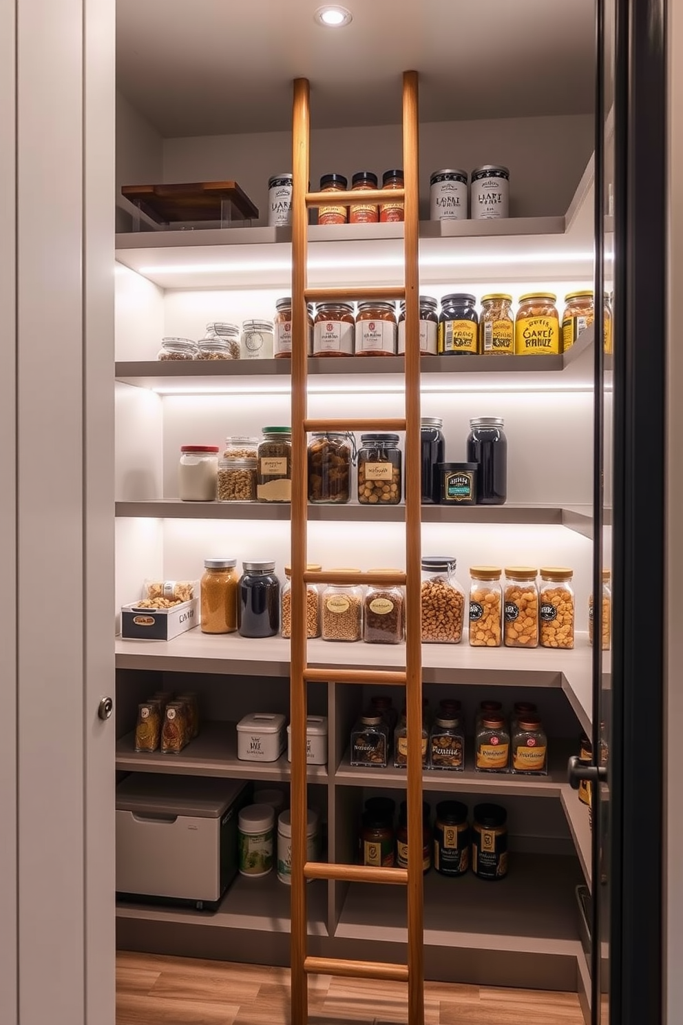 A stylish apartment pantry featuring high shelves with a sleek wooden ladder for easy access. The pantry is designed with open shelving displaying neatly organized jars and containers, complemented by soft ambient lighting.