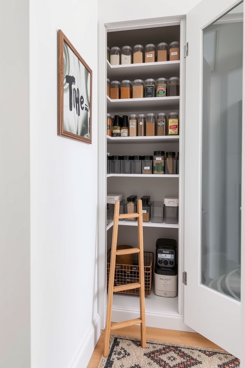 A modern apartment pantry featuring tiered organizers for spices. The shelves are lined with clear containers, allowing for easy visibility and access to various spices and seasonings. The pantry walls are painted in a soft white, creating a bright and airy feel. A small wooden ladder leans against the shelves, providing access to the top tier, while a stylish rug adds warmth to the space.