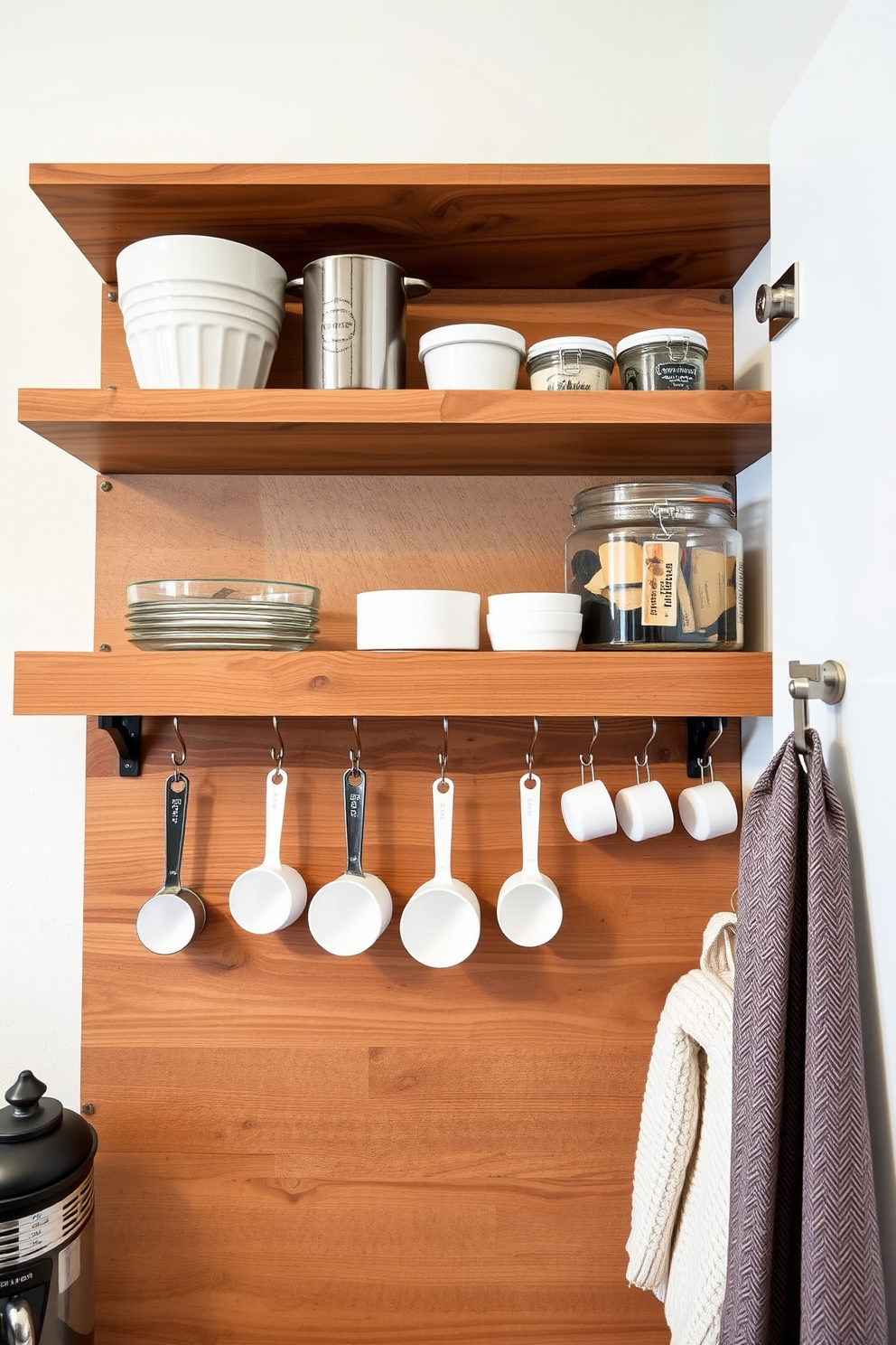 A modern apartment pantry design featuring open shelving made of reclaimed wood. Measuring cups are neatly hung on hooks along the wall, creating both functionality and a decorative touch.