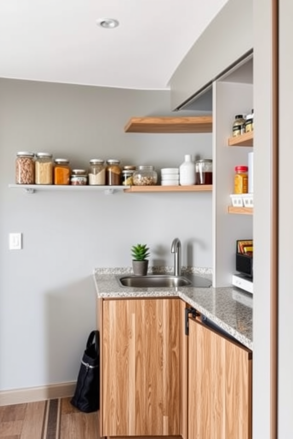 A stylish apartment pantry design featuring a compact countertop for meal prep. The walls are painted in a soft gray, and open shelving displays neatly organized jars and kitchen essentials. The pantry includes a wooden cabinet with a sliding door for easy access to stored items. A small, decorative plant sits on the countertop, adding a touch of greenery to the space.