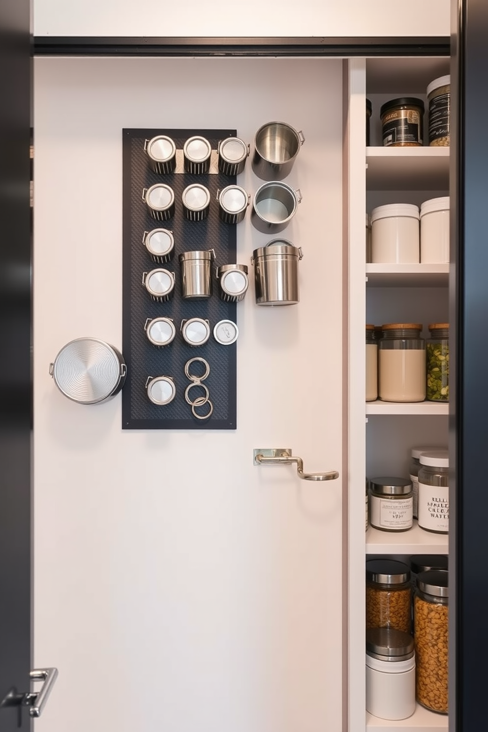 A modern apartment pantry featuring magnetic strips mounted on the wall to hold various metal containers. The pantry is organized and sleek, with open shelving displaying neatly arranged jars and canisters in a minimalist style.