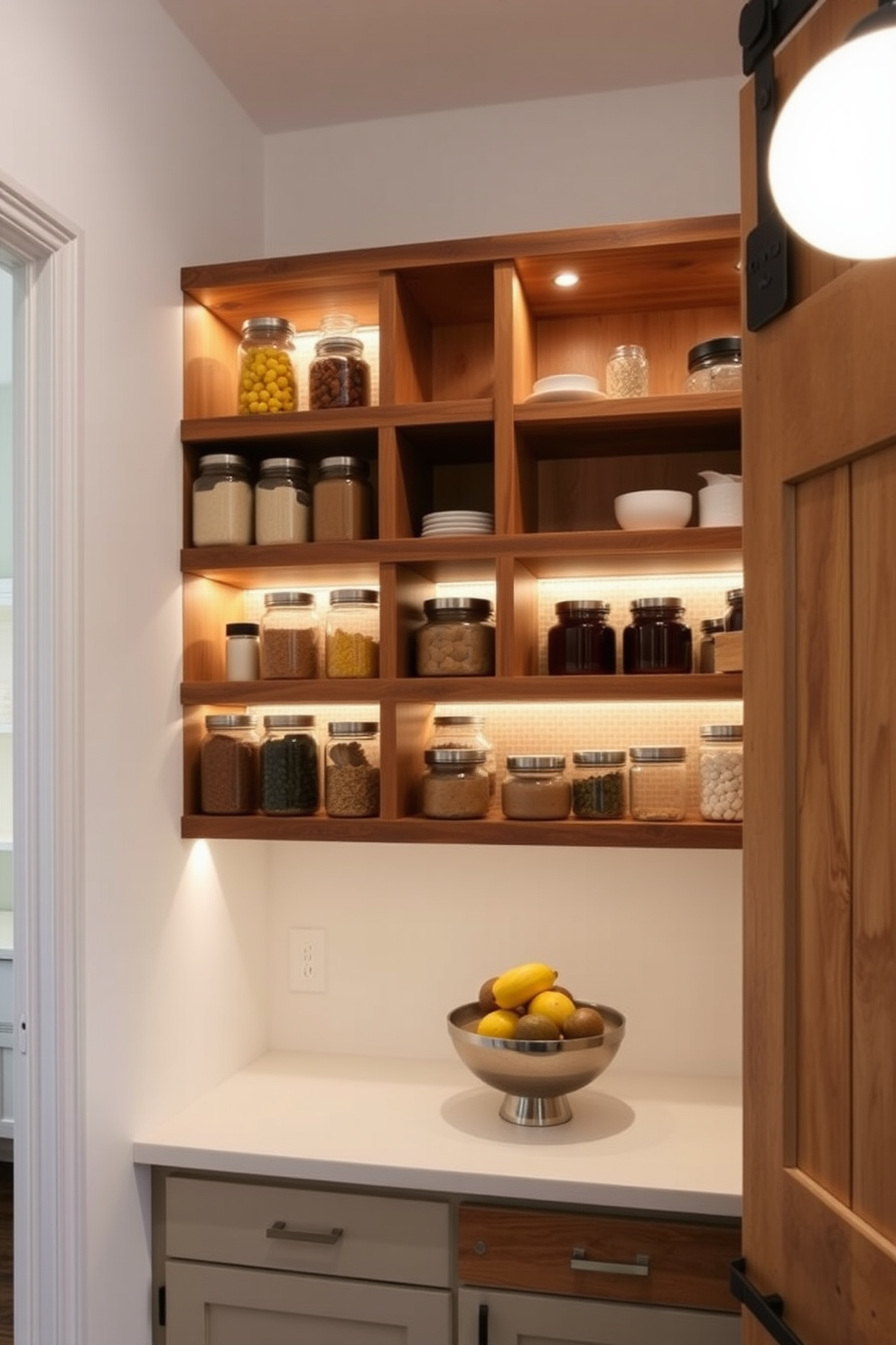 A modern apartment pantry with efficient shelving and storage solutions. The design features open shelves made of reclaimed wood, neatly organized jars and containers, and soft LED lighting integrated under the shelves for visibility. The pantry includes a small countertop for meal prep, adorned with a stylish fruit bowl. Walls are painted in a light, airy color to enhance brightness, and a sliding barn door adds a rustic touch to the overall aesthetic.