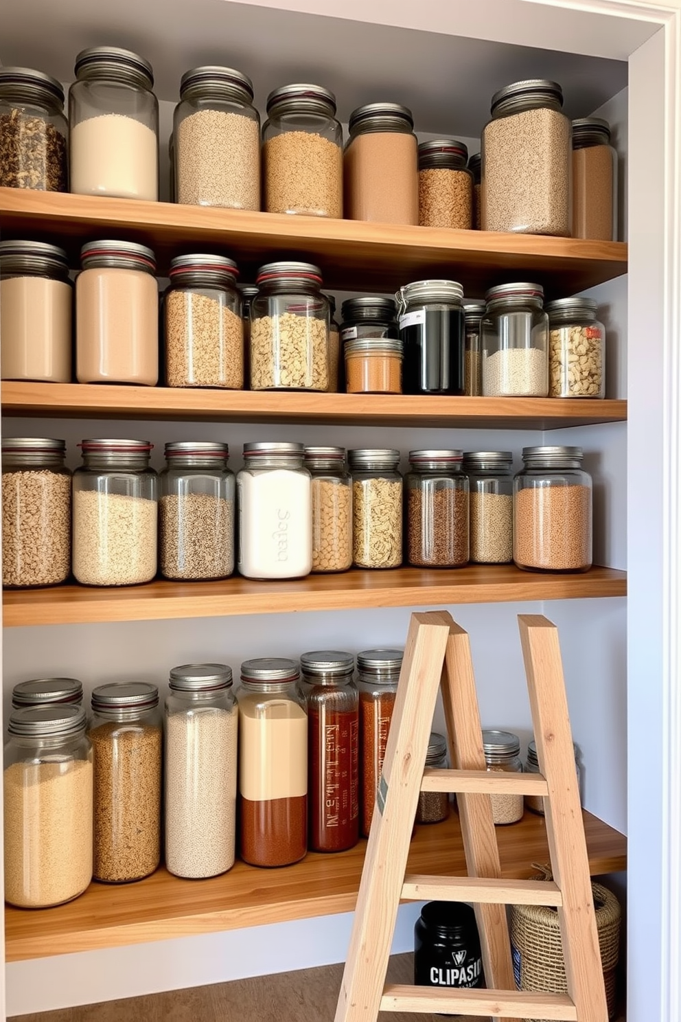 A stylish apartment pantry featuring repurposed glass jars for bulk storage. The jars are neatly arranged on wooden shelves, showcasing a variety of grains, pasta, and spices in an organized manner. The pantry walls are painted in a soft white hue, creating a bright and airy atmosphere. A small wooden ladder leans against the shelves, providing easy access to the upper storage areas.