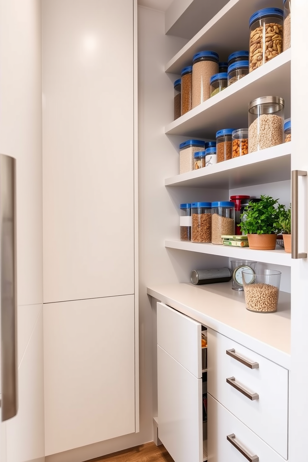 A modern apartment pantry featuring pull-out drawers that maximize storage space. The cabinetry is sleek and minimalistic, finished in a soft white with brushed nickel handles. The pantry is well-organized, showcasing clear containers filled with grains and snacks. A small herb garden sits on the countertop, adding a touch of greenery and freshness to the space.