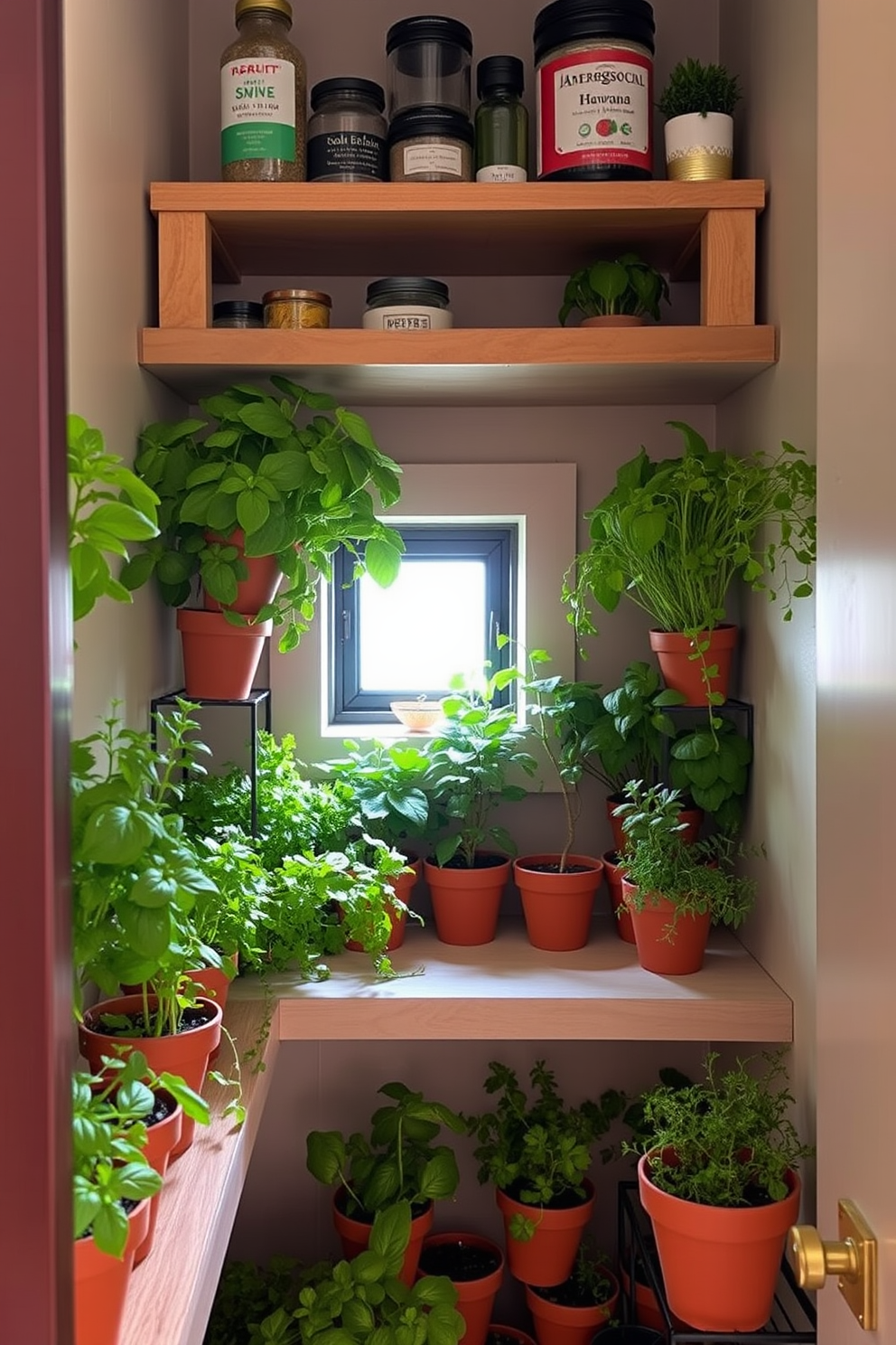 A cozy mini herb garden nestled within an apartment pantry. The shelves are lined with small terracotta pots filled with vibrant herbs like basil, parsley, and thyme, creating a lush green display. Natural light filters through a small window, illuminating the fresh foliage. A wooden shelf above holds jars of spices and cooking essentials, enhancing the functional yet charming atmosphere.