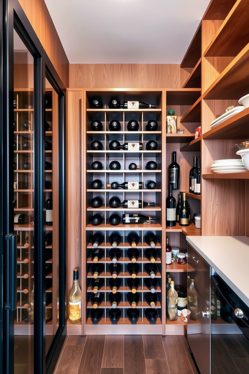 A stylish apartment pantry featuring a sleek wine rack designed to hold an assortment of bottles. The walls are adorned with warm wood shelves that provide ample storage for dry goods and kitchen essentials.