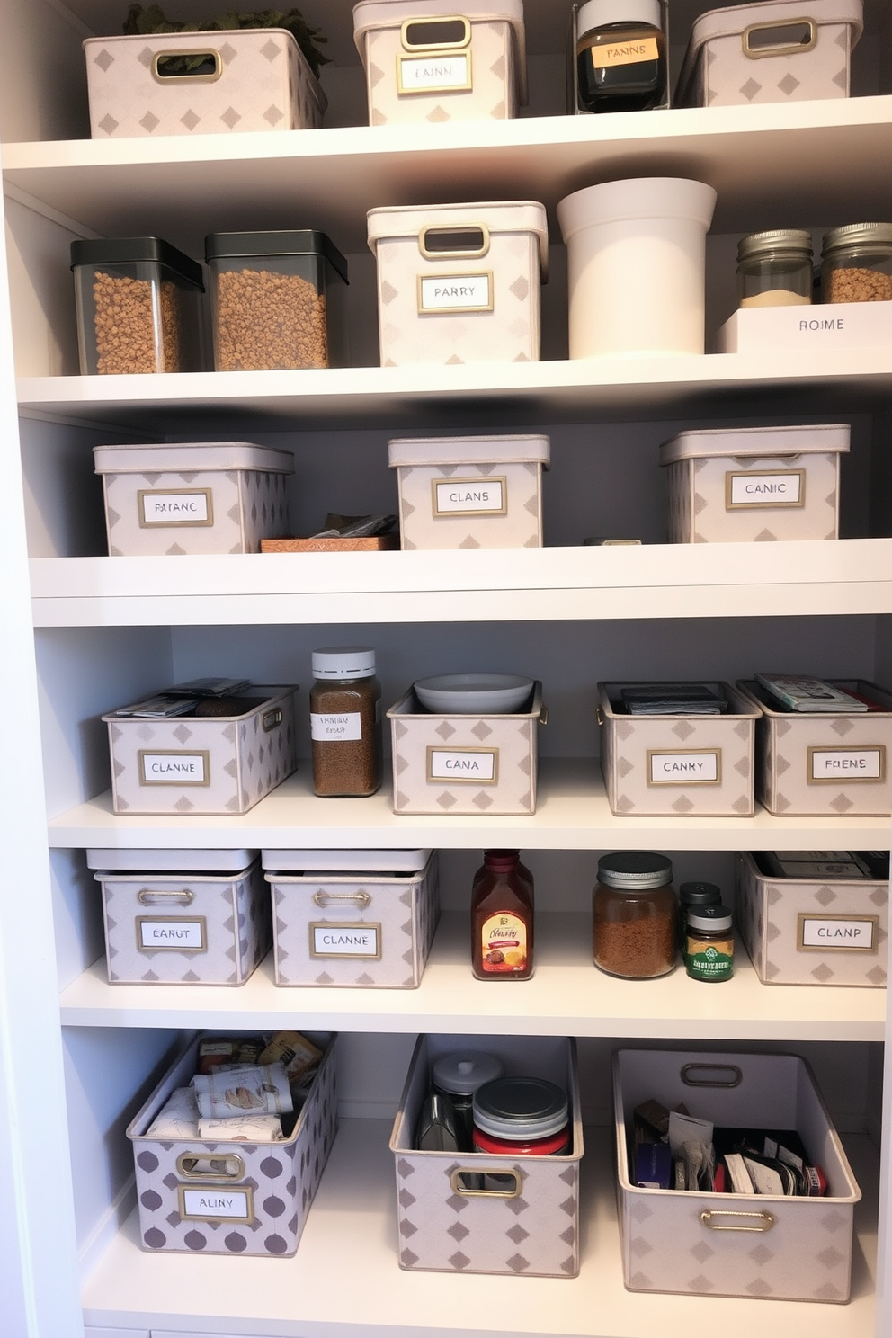 A stylish apartment pantry featuring decorative boxes for organizing pantry items. The boxes are labeled and arranged neatly on open shelves, creating a visually appealing and functional space.