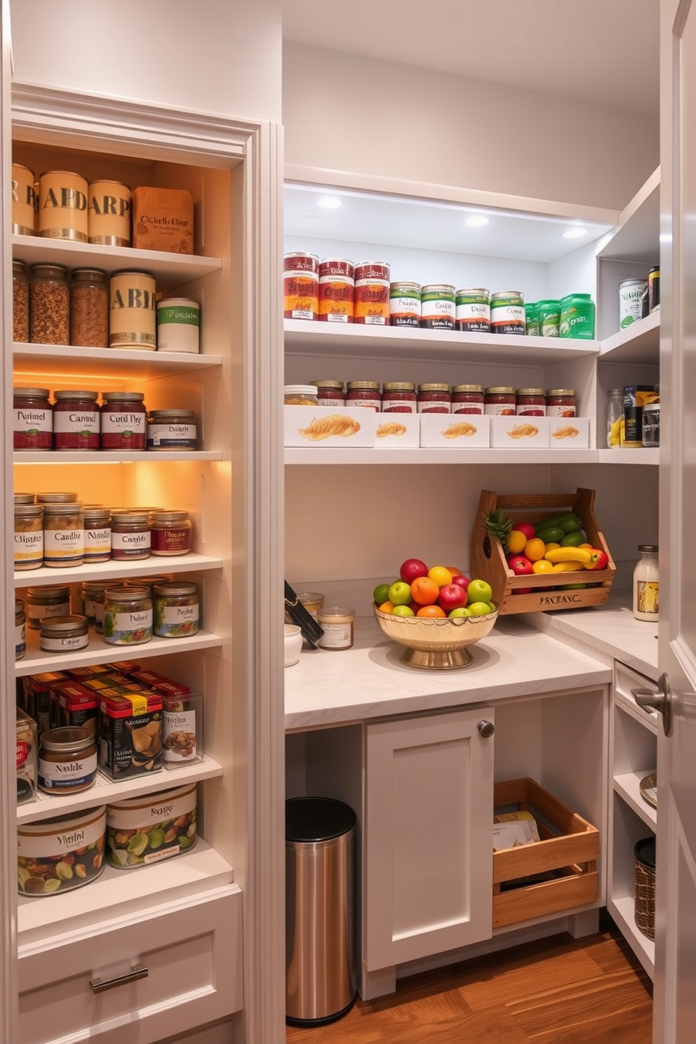 Create a stylish apartment pantry that features designated zones for different food types. Include a section for dry goods with organized shelves and labeled containers, a space for canned goods with easy access, and a fresh produce area with a wooden crate display. Incorporate a small countertop for meal prep, adorned with a decorative fruit bowl. Use warm lighting to enhance the inviting atmosphere and choose a color palette that complements the overall kitchen design.