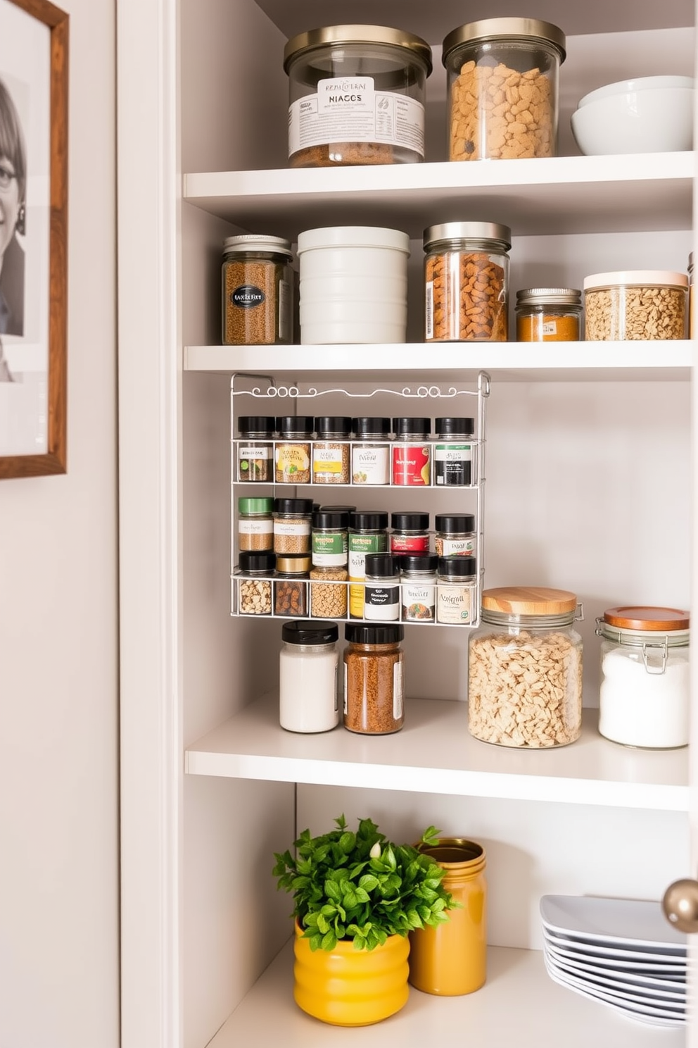 Create a stylish apartment pantry with a door-mounted rack for spices. The pantry features open shelving for easy access to cooking essentials and decorative jars, enhancing both functionality and aesthetics.