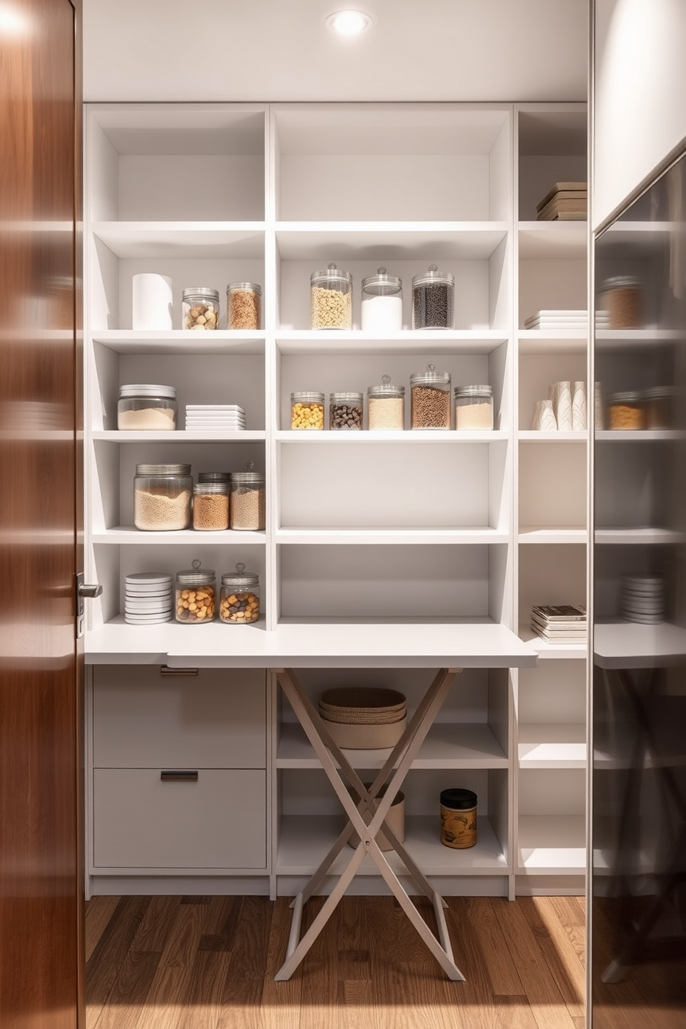 A modern apartment pantry featuring a sleek foldable table that serves as a workspace. The pantry includes open shelving for easy access to ingredients, with a neutral color palette of soft whites and light grays. The foldable table is positioned against the wall, maximizing space while providing a functional area for meal prep. Decorative jars and containers are neatly organized on the shelves, adding a touch of style to the practical design.