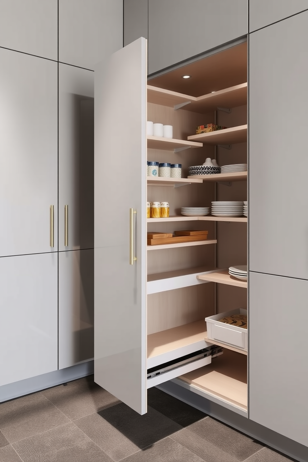 A stylish pull-out pantry designed for compact areas features sleek cabinetry that blends seamlessly with the kitchen decor. The pantry includes multiple shelves and compartments for organized storage, maximizing space while maintaining an elegant aesthetic. The exterior of the pantry is finished in a soft matte color, complementing the surrounding cabinetry. Soft-close mechanisms ensure a quiet and smooth operation, enhancing the overall functionality of the kitchen.