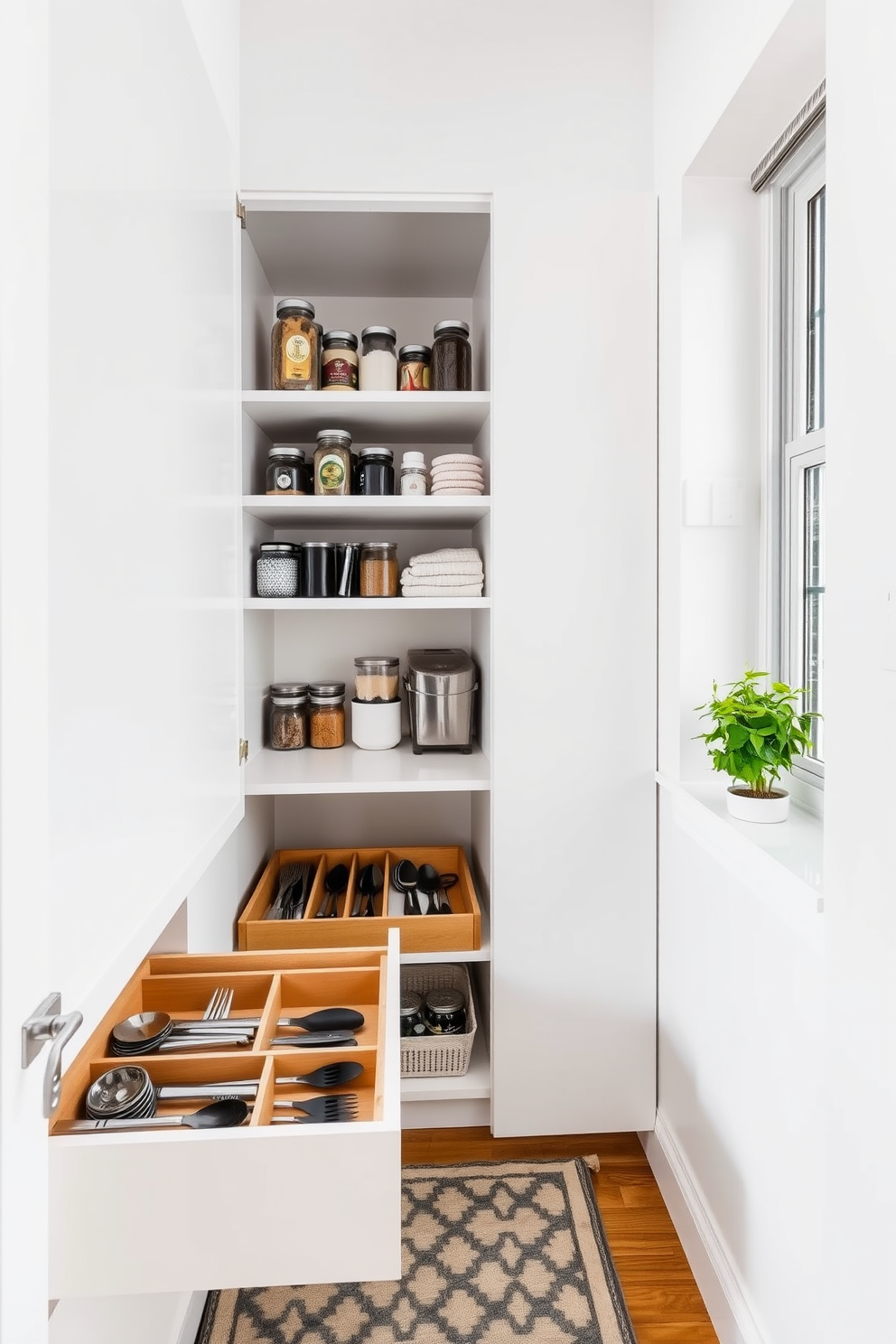 A well-organized apartment pantry featuring drawer dividers for utensils. The space is designed with open shelving that showcases neatly arranged jars and containers, while a small countertop area provides room for meal prep. The walls are painted in a light, airy color that enhances the natural light from a nearby window. A stylish rug adds warmth to the space, and a small potted herb plant sits on the countertop for both decoration and convenience.