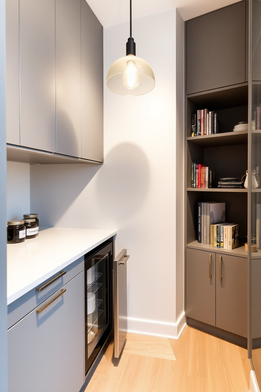 A modern apartment pantry featuring sleek cabinetry with a matte finish in a soft gray tone. The pantry includes a small fridge for beverages tucked neatly into the corner, alongside open shelving displaying neatly organized jars and cookbooks. The walls are painted in a warm white, creating an inviting atmosphere, while the floor is adorned with light hardwood planks. A stylish pendant light hangs above the countertop, illuminating the space and adding a touch of elegance.